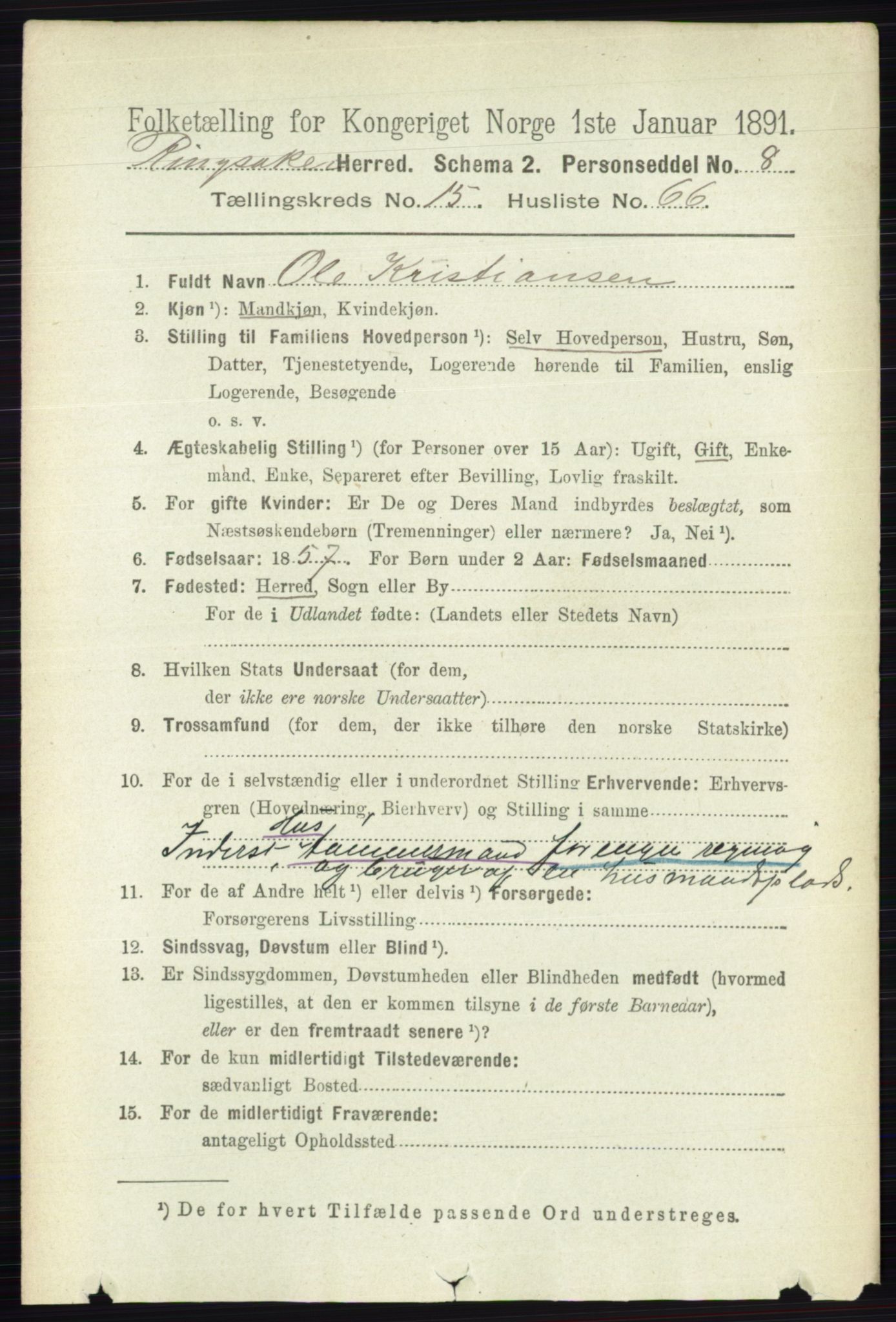 RA, 1891 census for 0412 Ringsaker, 1891, p. 8896