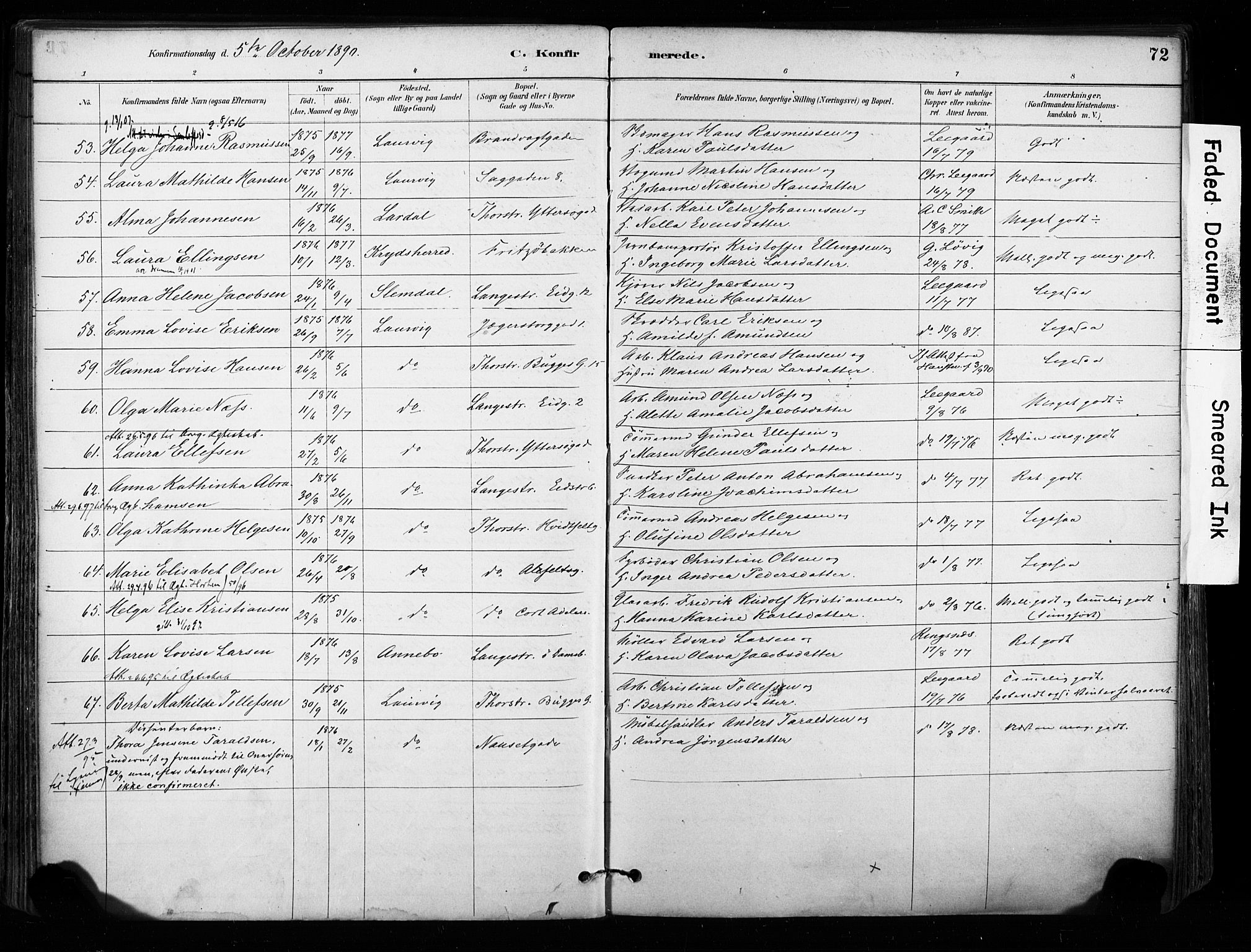 Larvik kirkebøker, AV/SAKO-A-352/F/Fa/L0008: Parish register (official) no. I 8, 1884-1902, p. 72