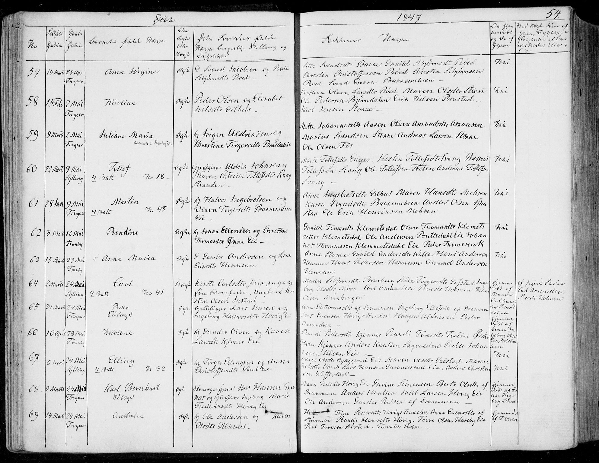 Lier kirkebøker, SAKO/A-230/F/Fa/L0011: Parish register (official) no. I 11, 1843-1854, p. 54