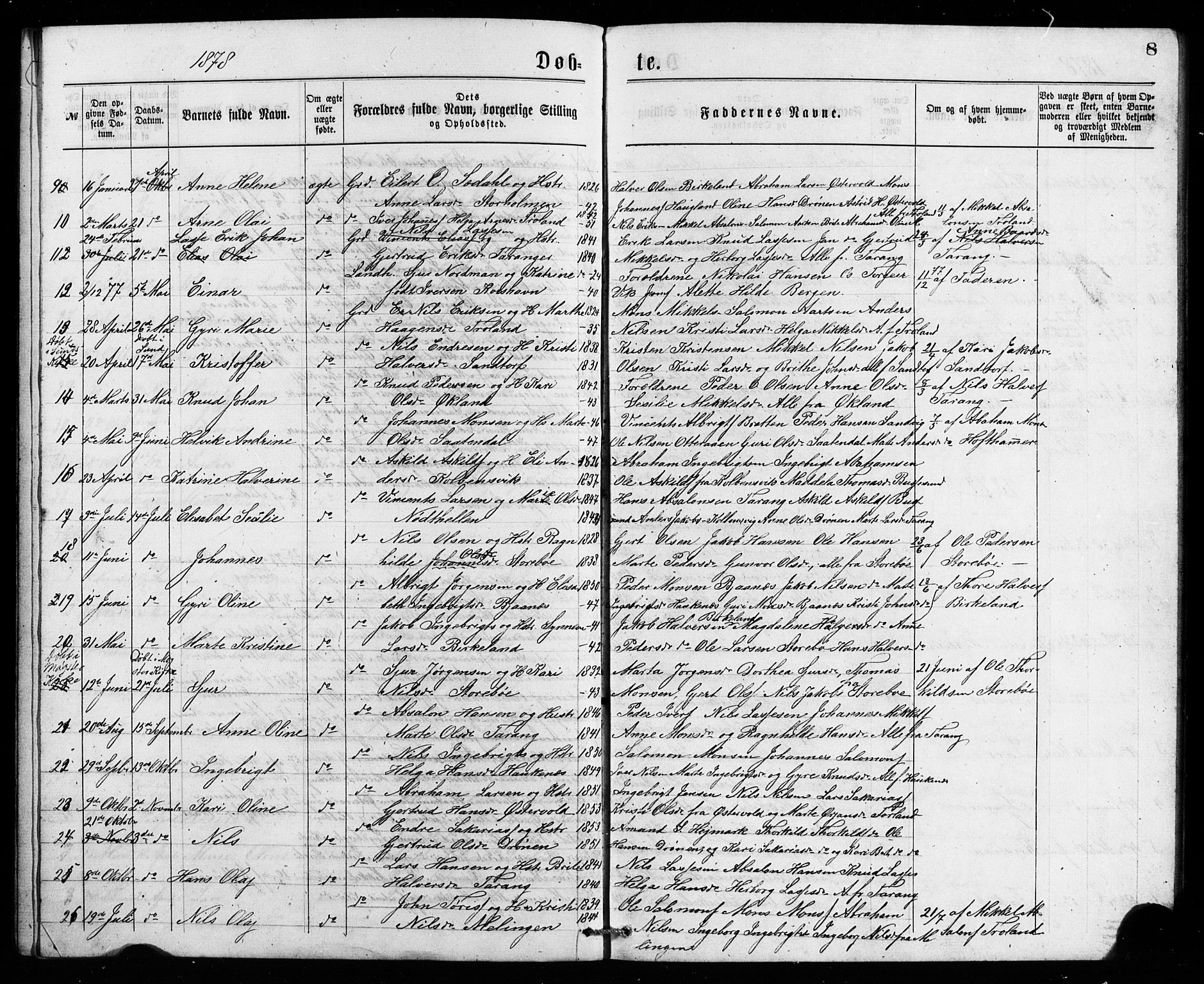 Austevoll Sokneprestembete, SAB/A-74201/H/Hab: Parish register (copy) no. A 1, 1877-1879, p. 8