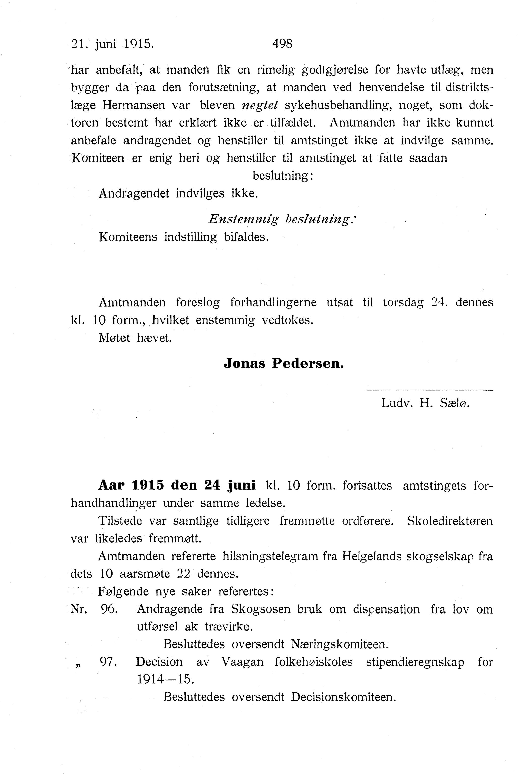Nordland Fylkeskommune. Fylkestinget, AIN/NFK-17/176/A/Ac/L0038: Fylkestingsforhandlinger 1915, 1915, p. 498