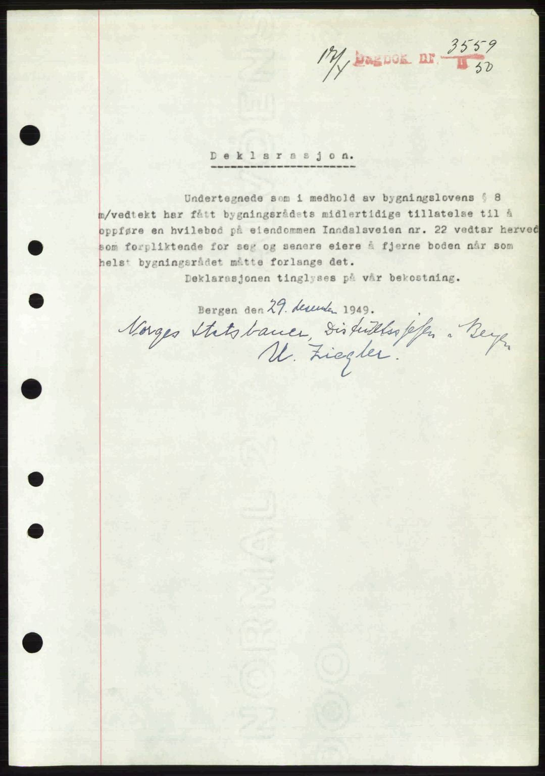 Byfogd og Byskriver i Bergen, AV/SAB-A-3401/03/03Bc/L0032: Mortgage book no. A26, 1950-1950, Diary no: : 3559/1950