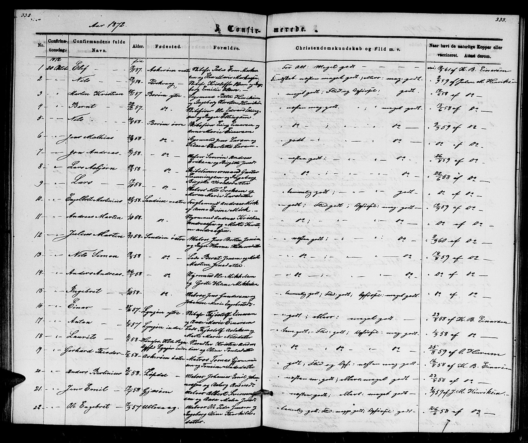 Dypvåg sokneprestkontor, SAK/1111-0007/F/Fb/Fba/L0012: Parish register (copy) no. B 12, 1872-1886, p. 332-333