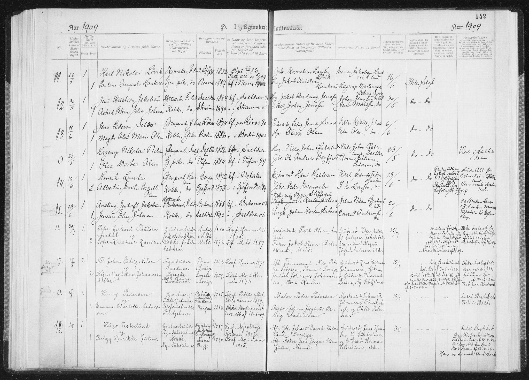 Ministerialprotokoller, klokkerbøker og fødselsregistre - Nordland, SAT/A-1459/850/L0711: Curate's parish register no. 850B01, 1902-1915, p. 142