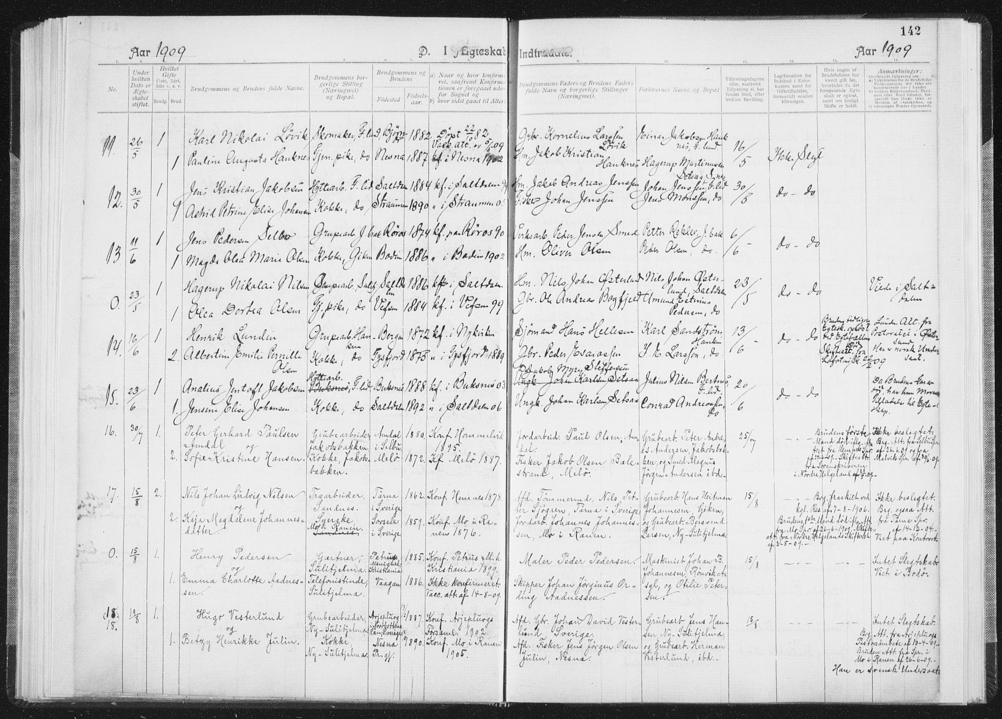 Ministerialprotokoller, klokkerbøker og fødselsregistre - Nordland, AV/SAT-A-1459/850/L0711: Curate's parish register no. 850B01, 1902-1915, p. 142