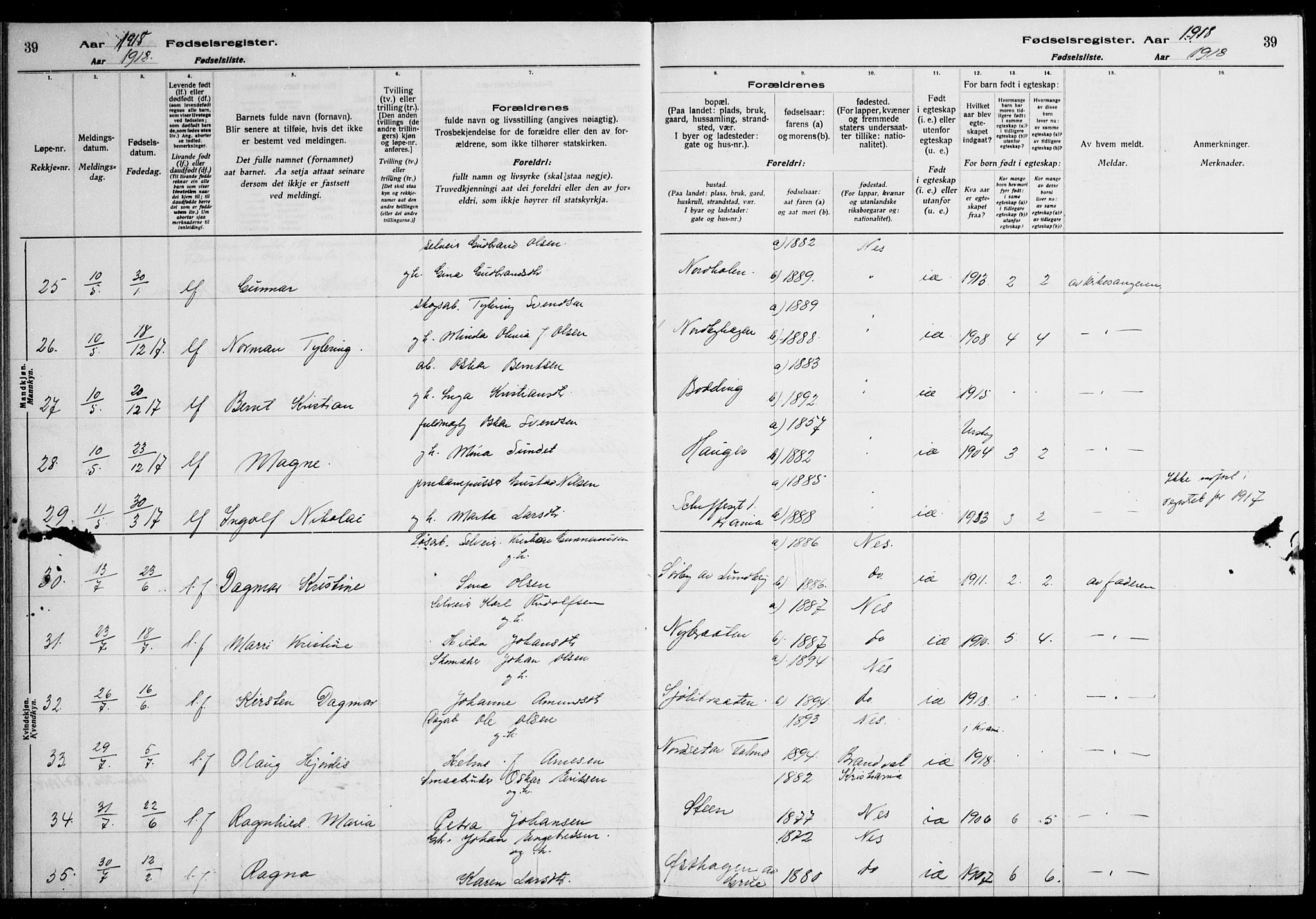 Nes prestekontor Kirkebøker, AV/SAO-A-10410/J/Ja/L0001: Birth register no. 1, 1916-1926, p. 39