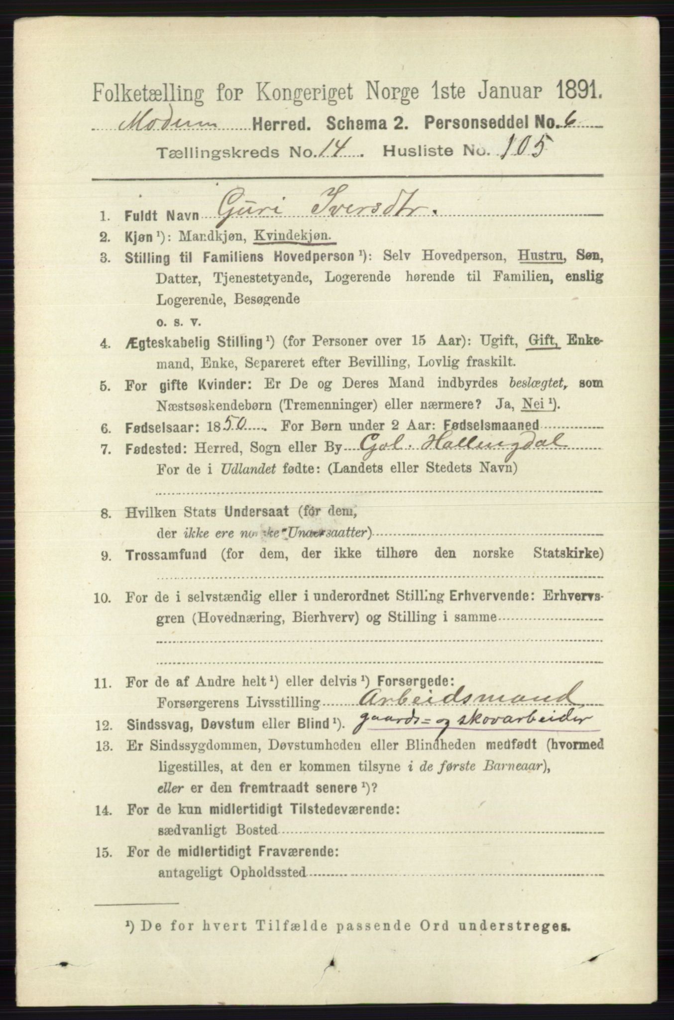 RA, 1891 census for 0623 Modum, 1891, p. 6107