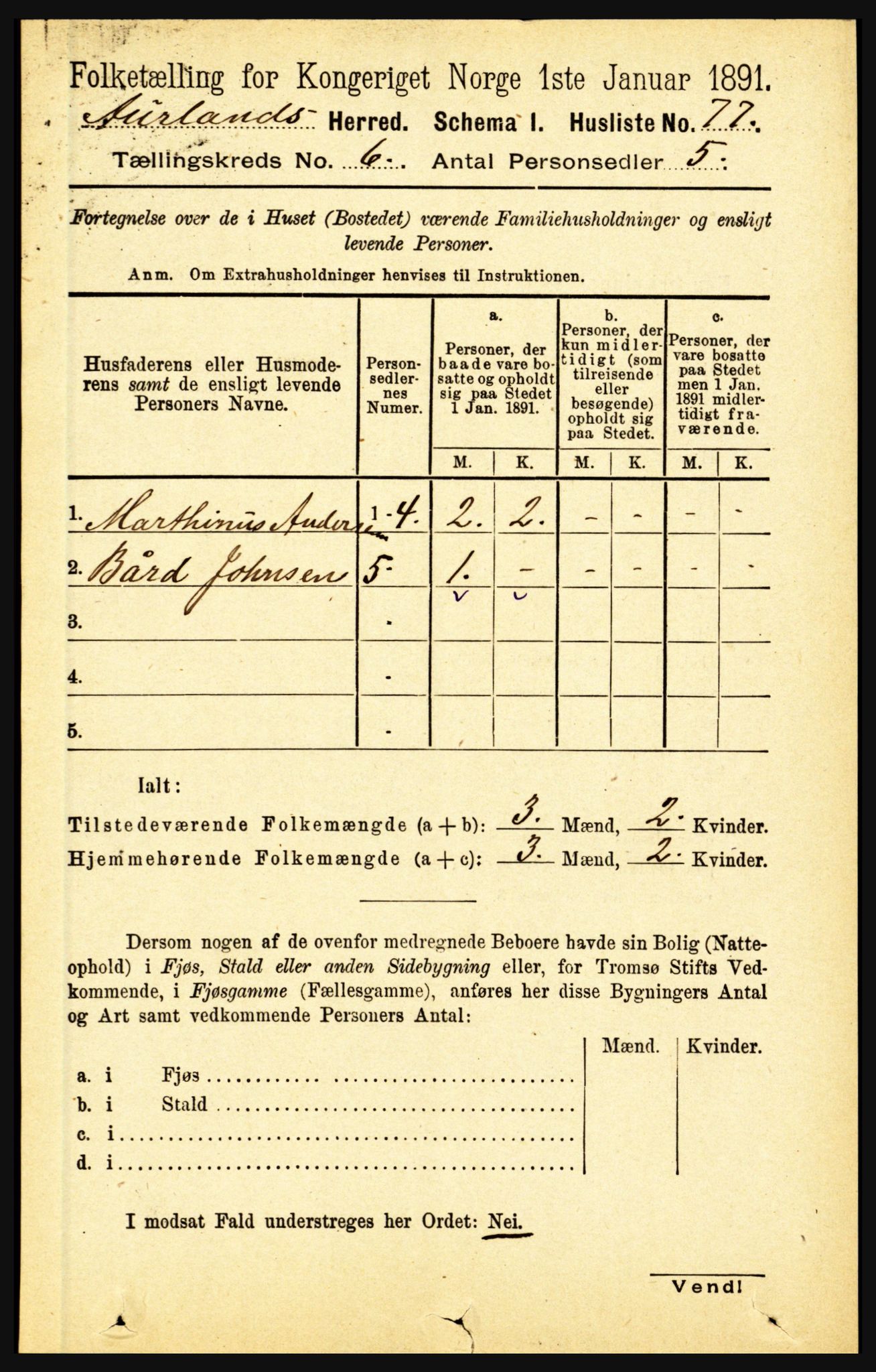 RA, 1891 census for 1421 Aurland, 1891, p. 2277