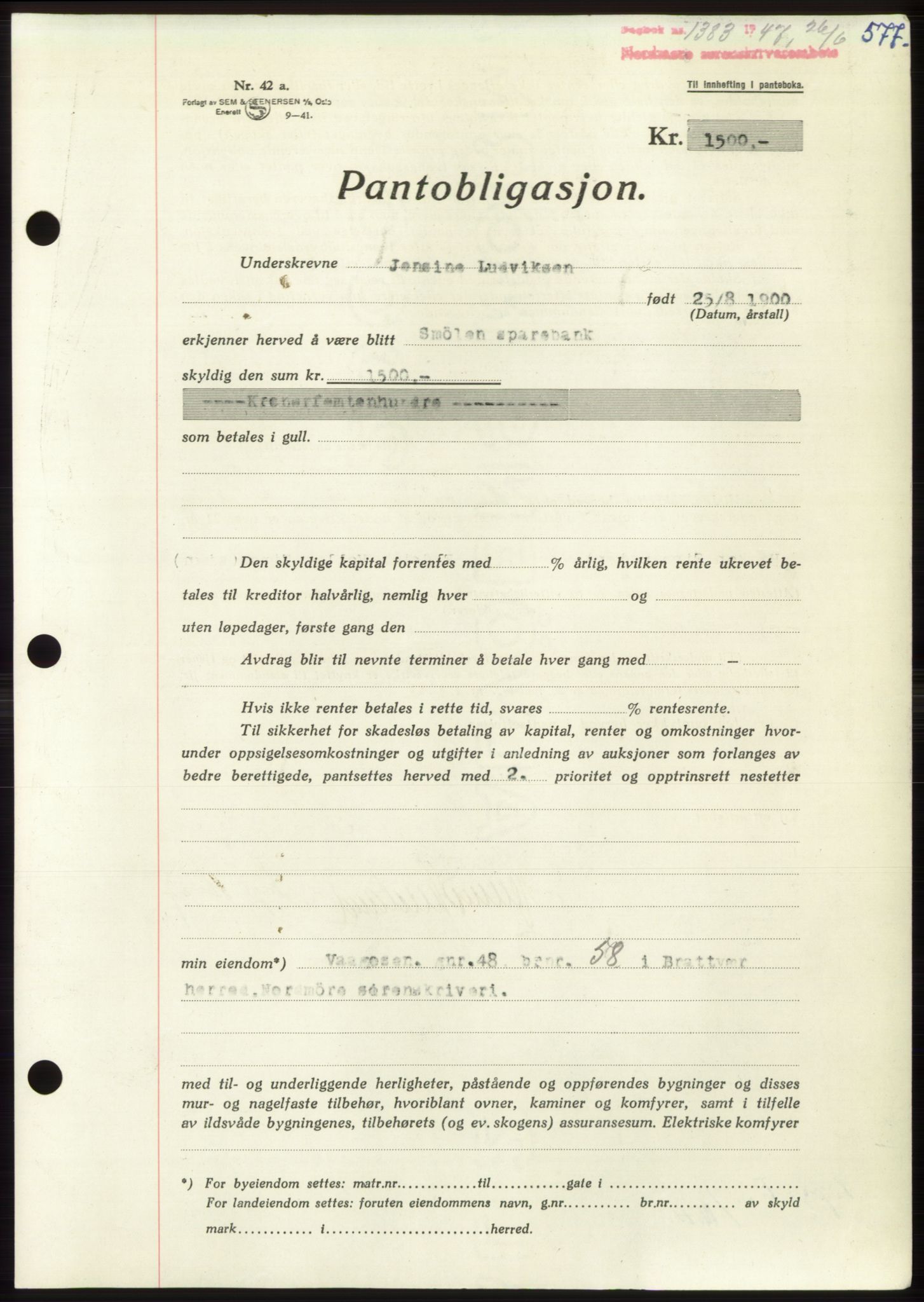 Nordmøre sorenskriveri, AV/SAT-A-4132/1/2/2Ca: Mortgage book no. B96, 1947-1947, Diary no: : 1383/1947