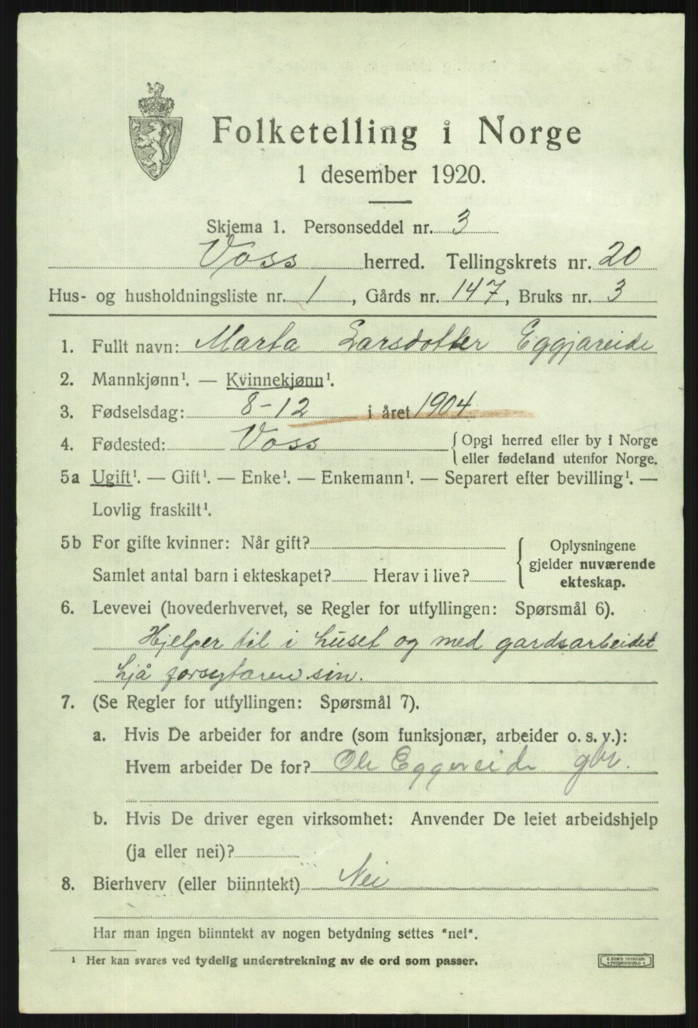 SAB, 1920 census for Voss, 1920, p. 14733