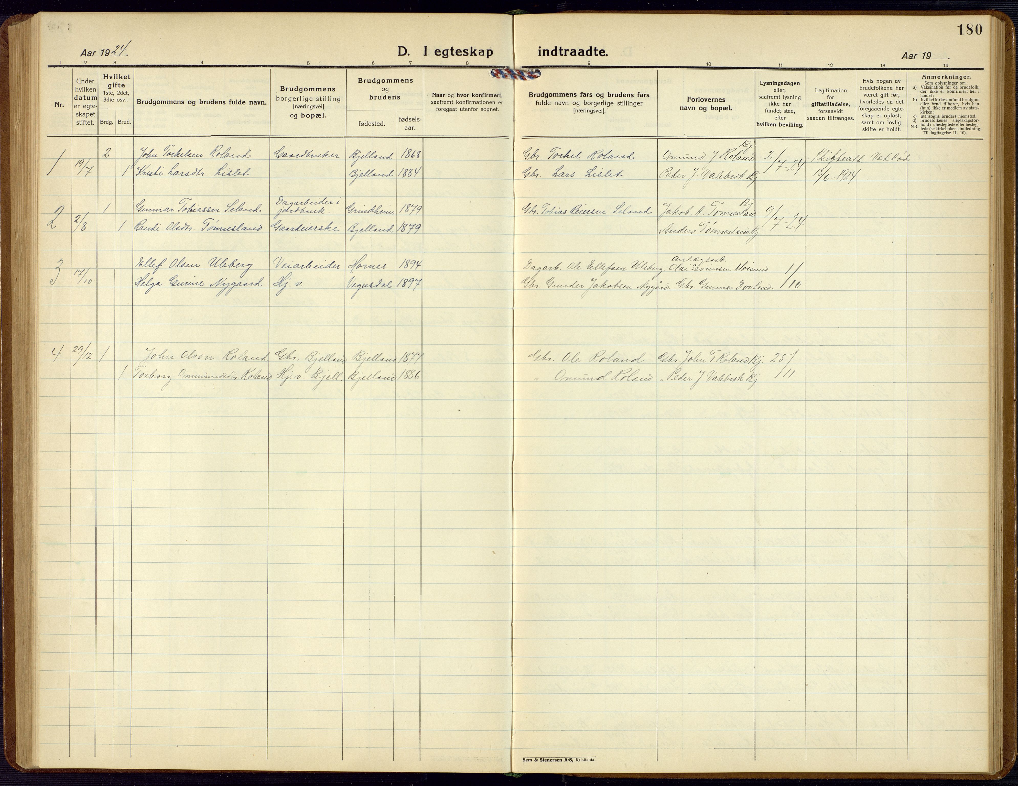 Bjelland sokneprestkontor, SAK/1111-0005/F/Fb/Fba/L0006: Parish register (copy) no. B 6, 1923-1956, p. 180