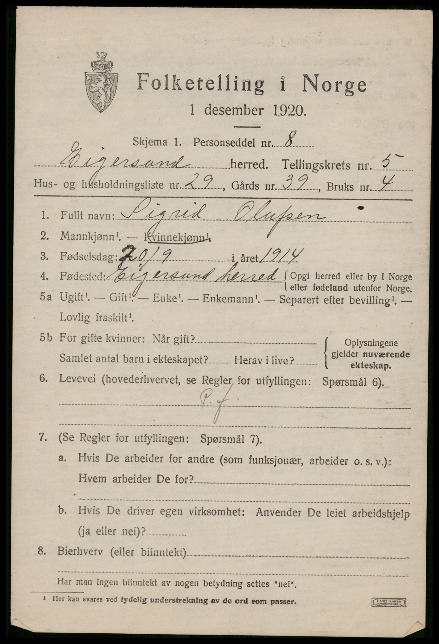 SAST, 1920 census for Eigersund, 1920, p. 3869