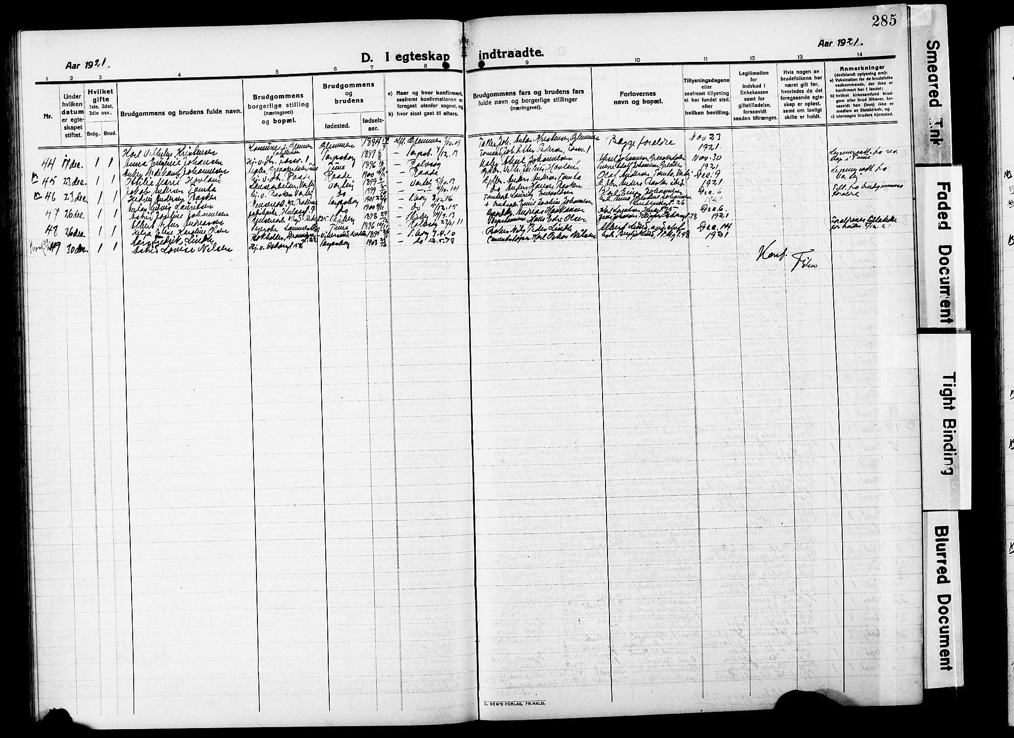 Sarpsborg prestekontor Kirkebøker, AV/SAO-A-2006/G/Ga/L0002: Parish register (copy) no. 2, 1912-1931, p. 285