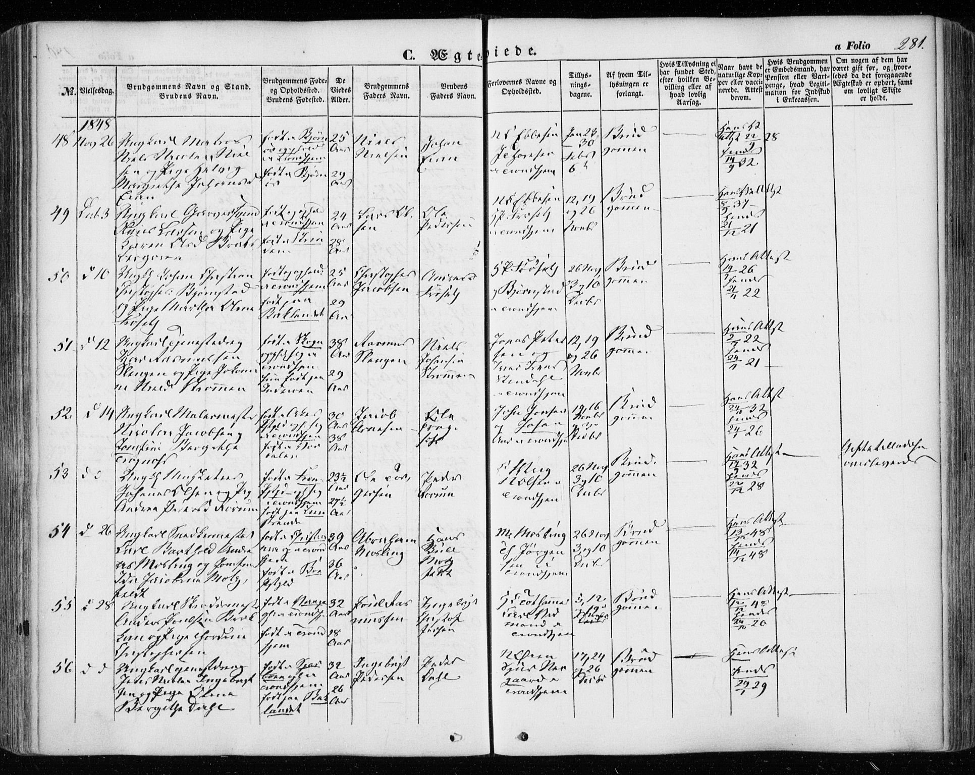 Ministerialprotokoller, klokkerbøker og fødselsregistre - Sør-Trøndelag, AV/SAT-A-1456/601/L0051: Parish register (official) no. 601A19, 1848-1857, p. 281