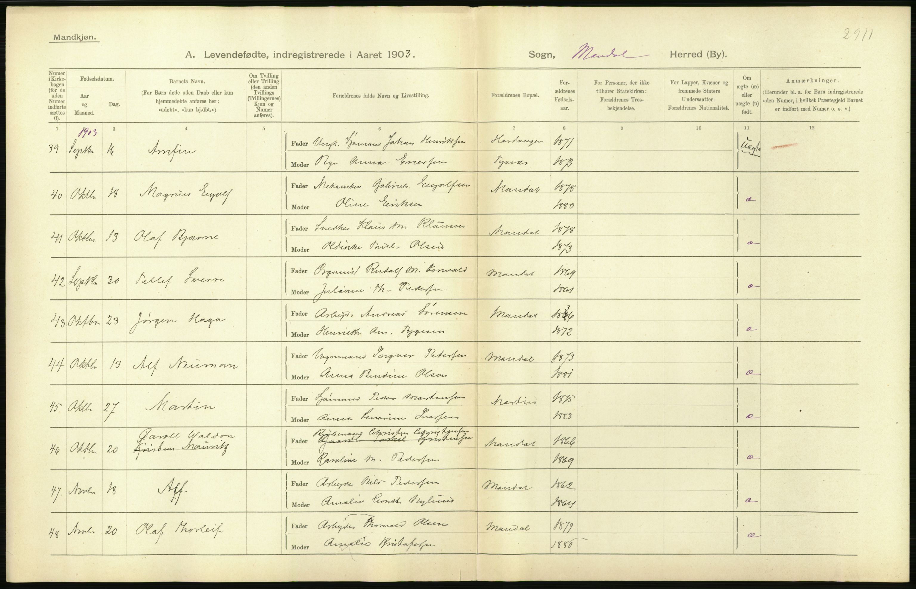 Statistisk sentralbyrå, Sosiodemografiske emner, Befolkning, AV/RA-S-2228/D/Df/Dfa/Dfaa/L0011: Lister og Mandal amt: Fødte, gifte, døde, 1903, p. 204