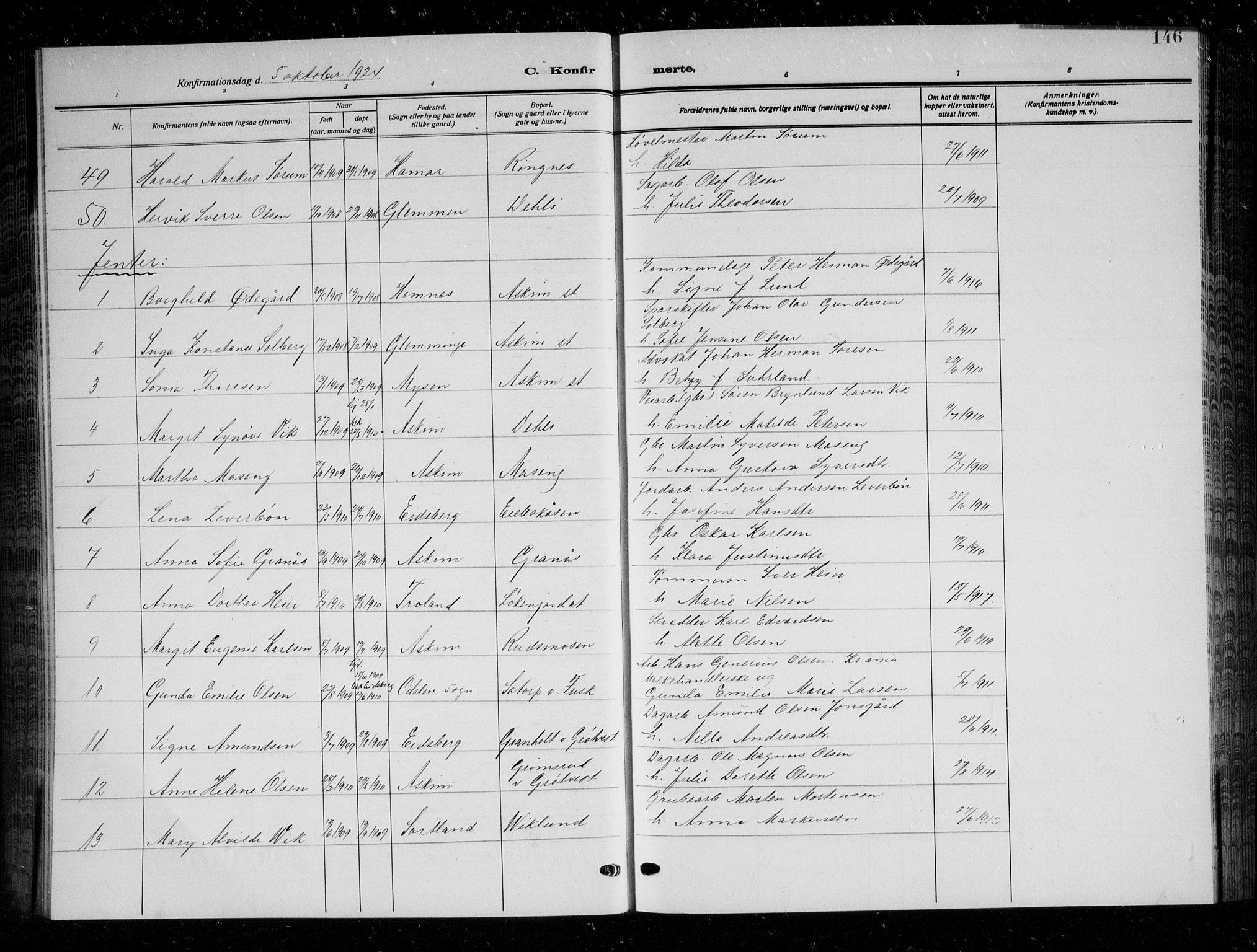 Askim prestekontor Kirkebøker, AV/SAO-A-10900/G/Ga/L0003: Parish register (copy) no. 3, 1921-1937, p. 146