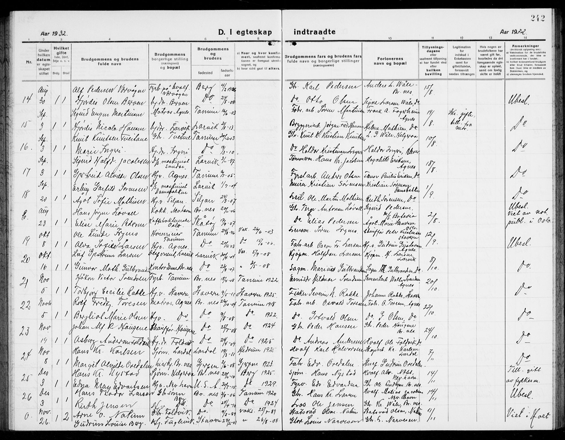 Brunlanes kirkebøker, SAKO/A-342/G/Ga/L0005: Parish register (copy) no. I 5, 1918-1941, p. 242