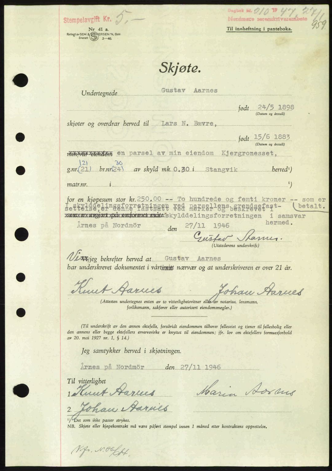 Nordmøre sorenskriveri, AV/SAT-A-4132/1/2/2Ca: Mortgage book no. A103, 1946-1947, Diary no: : 210/1947