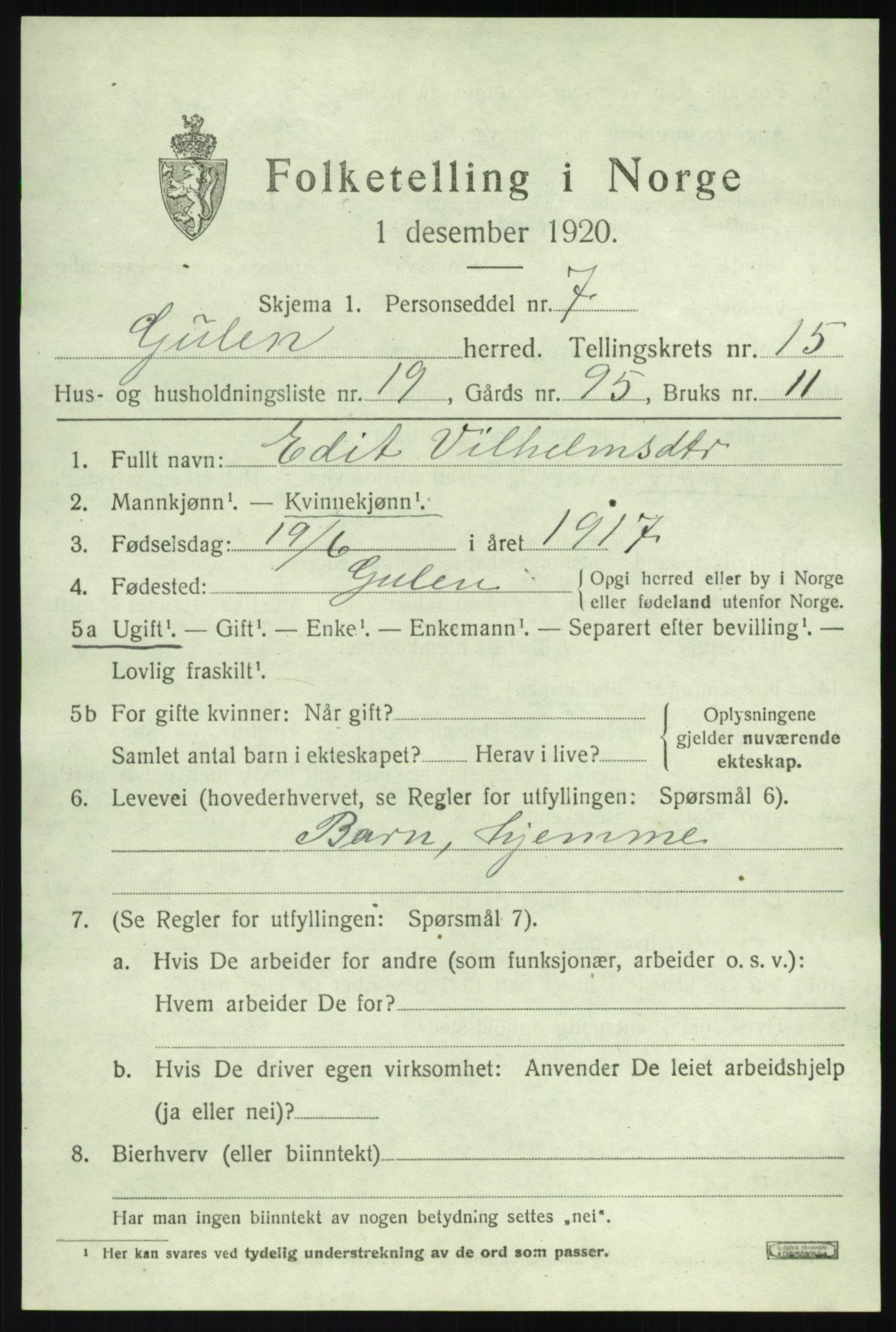 SAB, 1920 census for Gulen, 1920, p. 6685