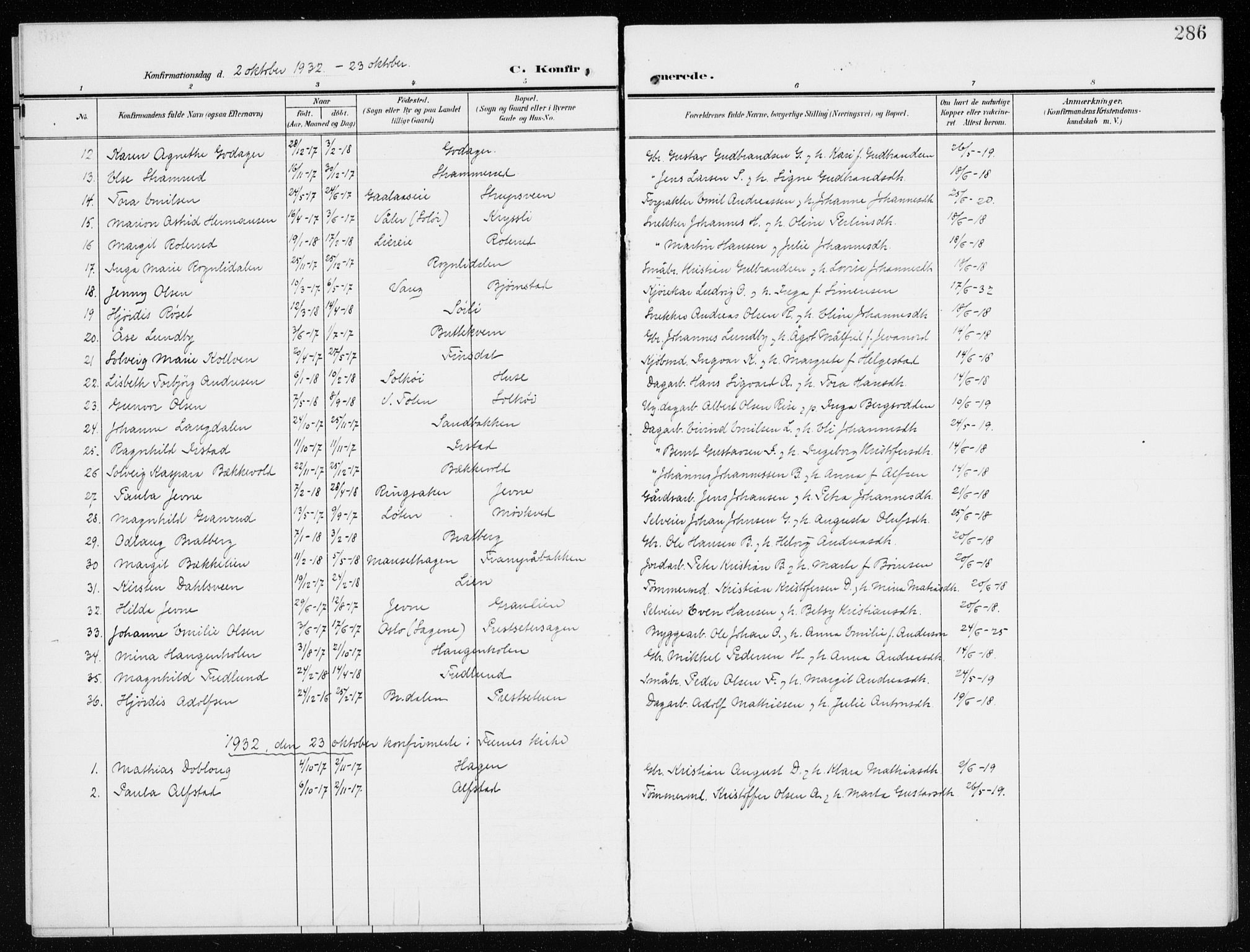 Furnes prestekontor, SAH/PREST-012/K/Ka/L0001: Parish register (official) no. 1, 1907-1935, p. 286