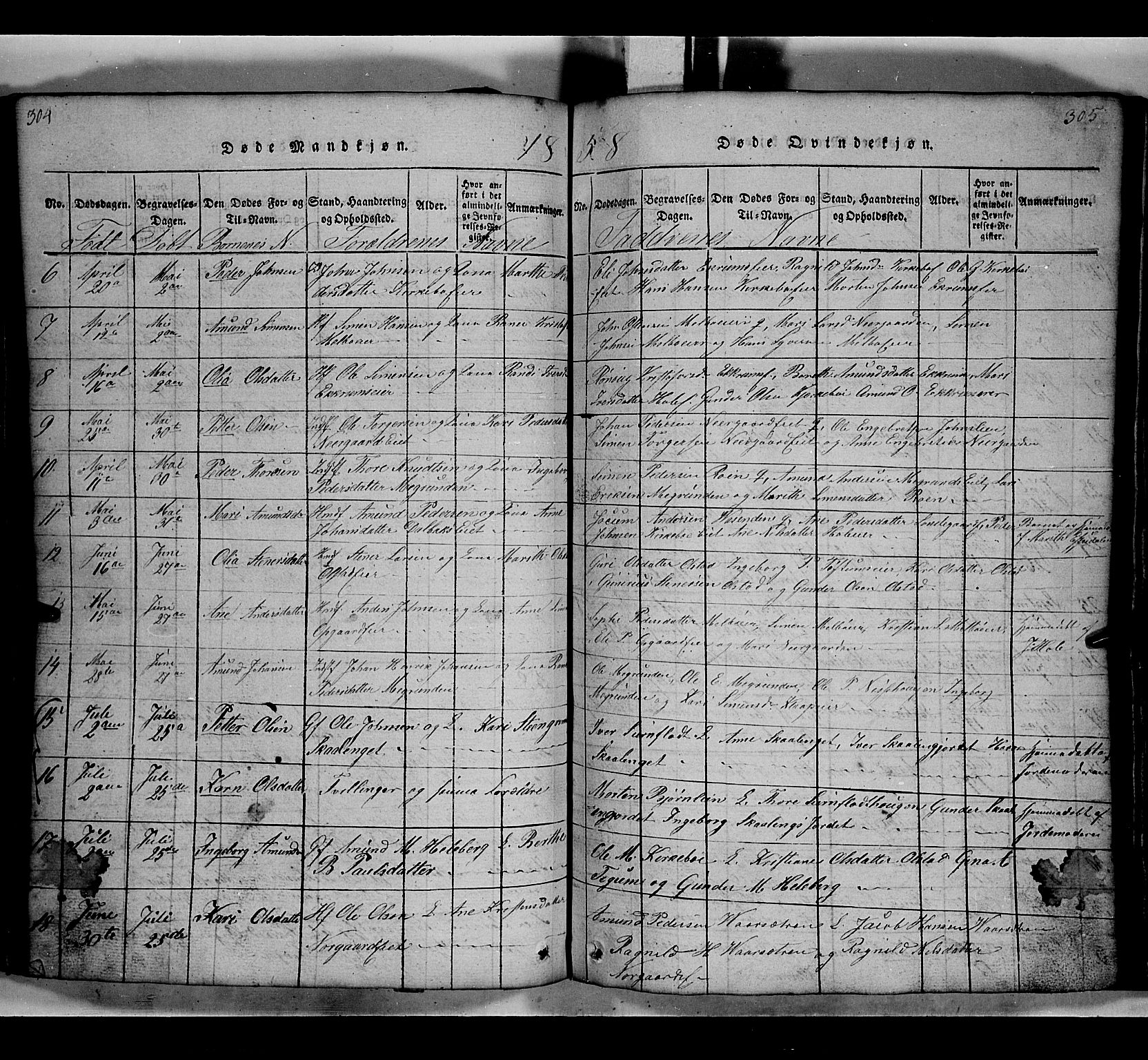 Gausdal prestekontor, SAH/PREST-090/H/Ha/Hab/L0002: Parish register (copy) no. 2, 1818-1874, p. 304-305