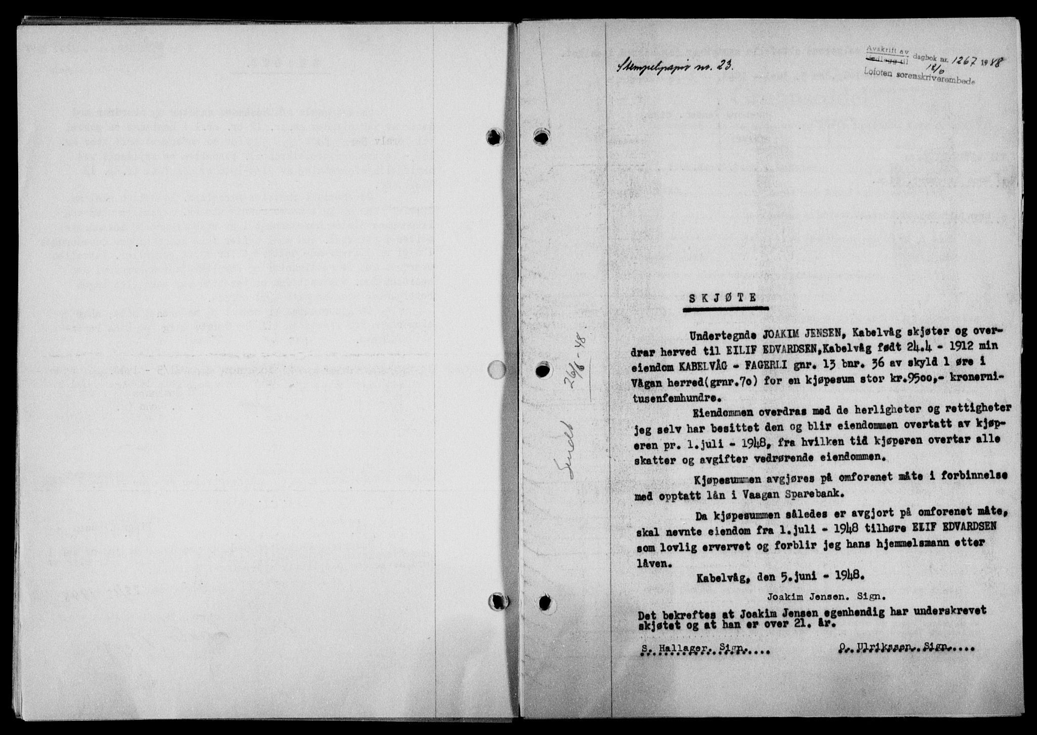 Lofoten sorenskriveri, SAT/A-0017/1/2/2C/L0018a: Mortgage book no. 18a, 1948-1948, Diary no: : 1267/1948