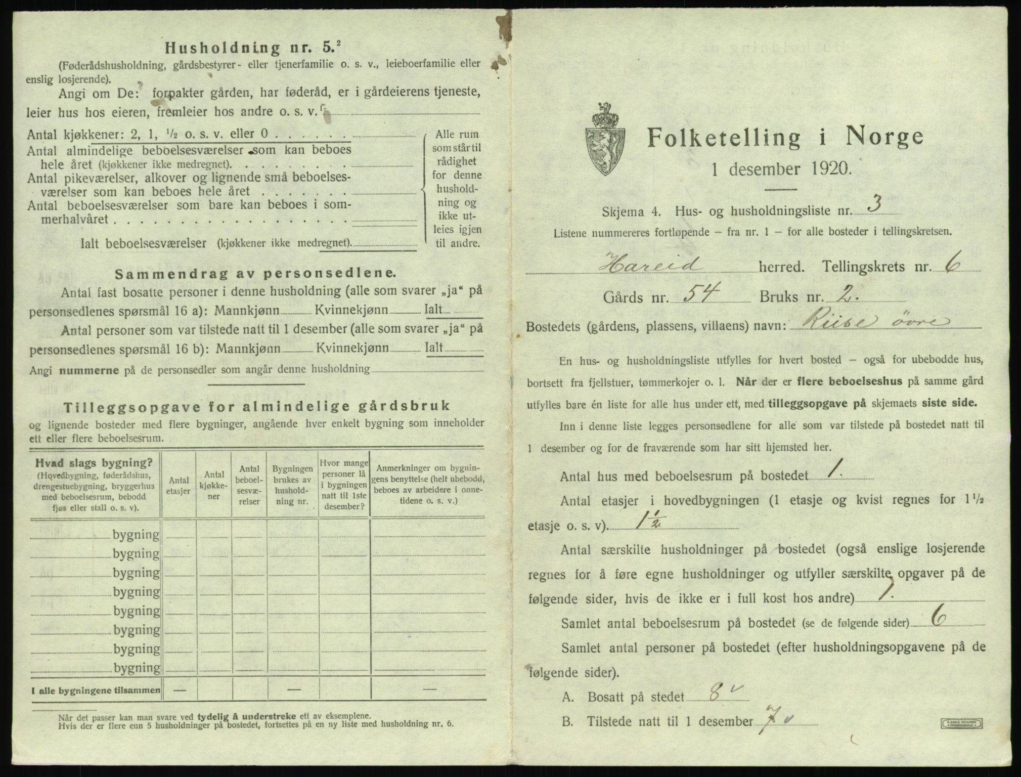 SAT, 1920 census for Hareid, 1920, p. 289