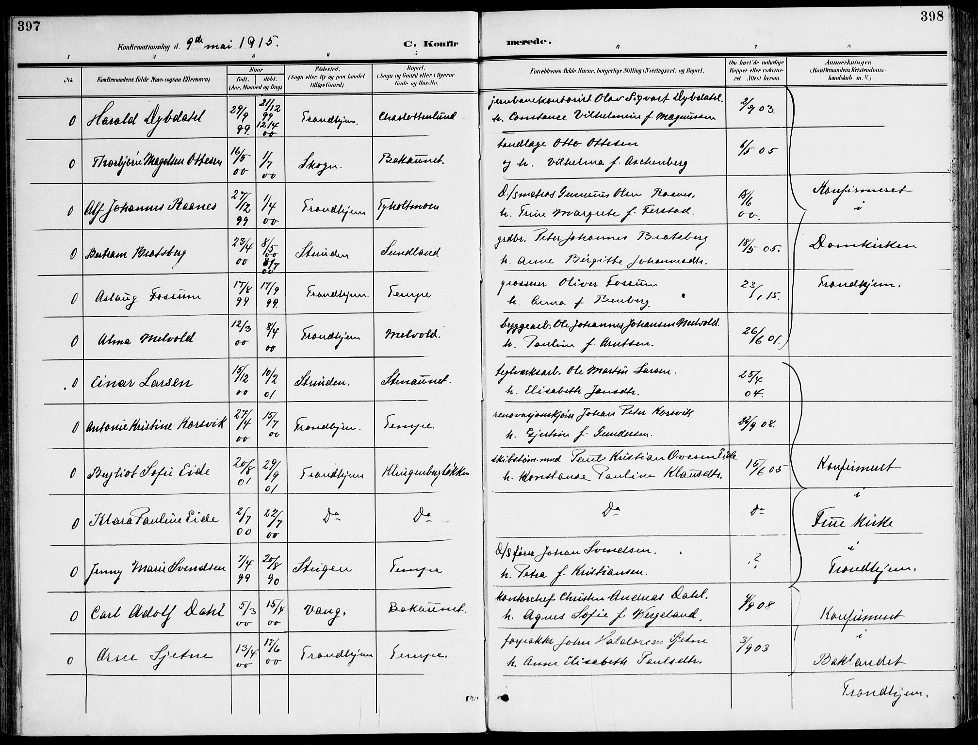 Ministerialprotokoller, klokkerbøker og fødselsregistre - Sør-Trøndelag, SAT/A-1456/607/L0320: Parish register (official) no. 607A04, 1907-1915, p. 397-398