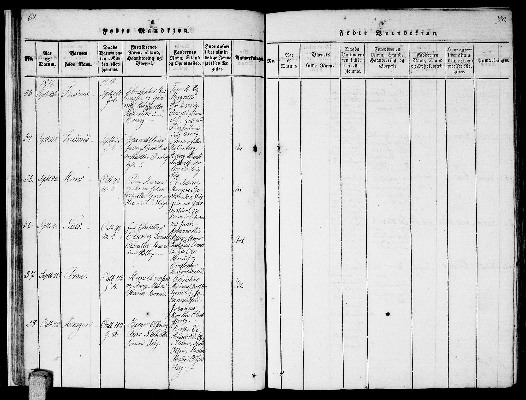 Enebakk prestekontor Kirkebøker, AV/SAO-A-10171c/F/Fa/L0006: Parish register (official) no. I 6, 1815-1832, p. 69-70