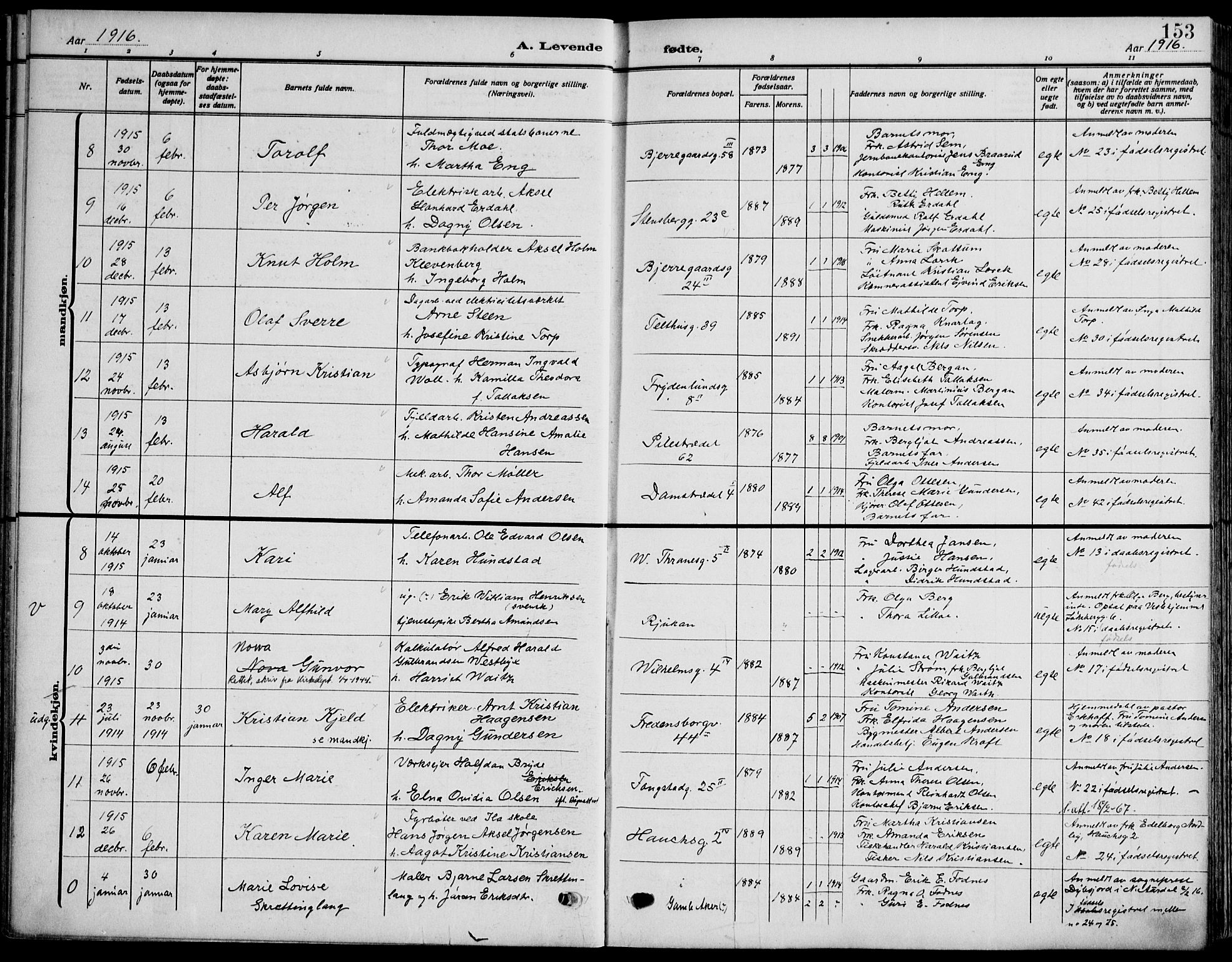 Gamle Aker prestekontor Kirkebøker, SAO/A-10617a/F/L0014: Parish register (official) no. 14, 1909-1924, p. 153