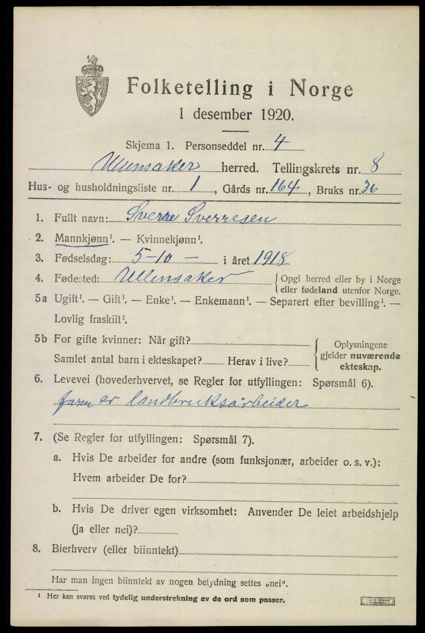 SAO, 1920 census for Ullensaker, 1920, p. 14295