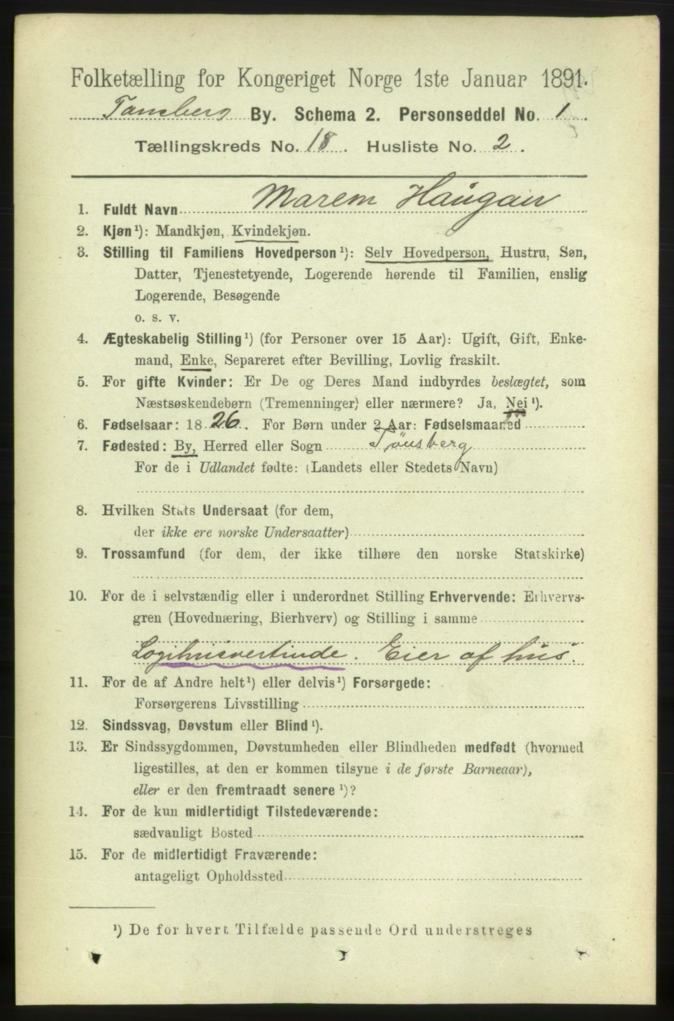 RA, 1891 census for 0705 Tønsberg, 1891, p. 5106