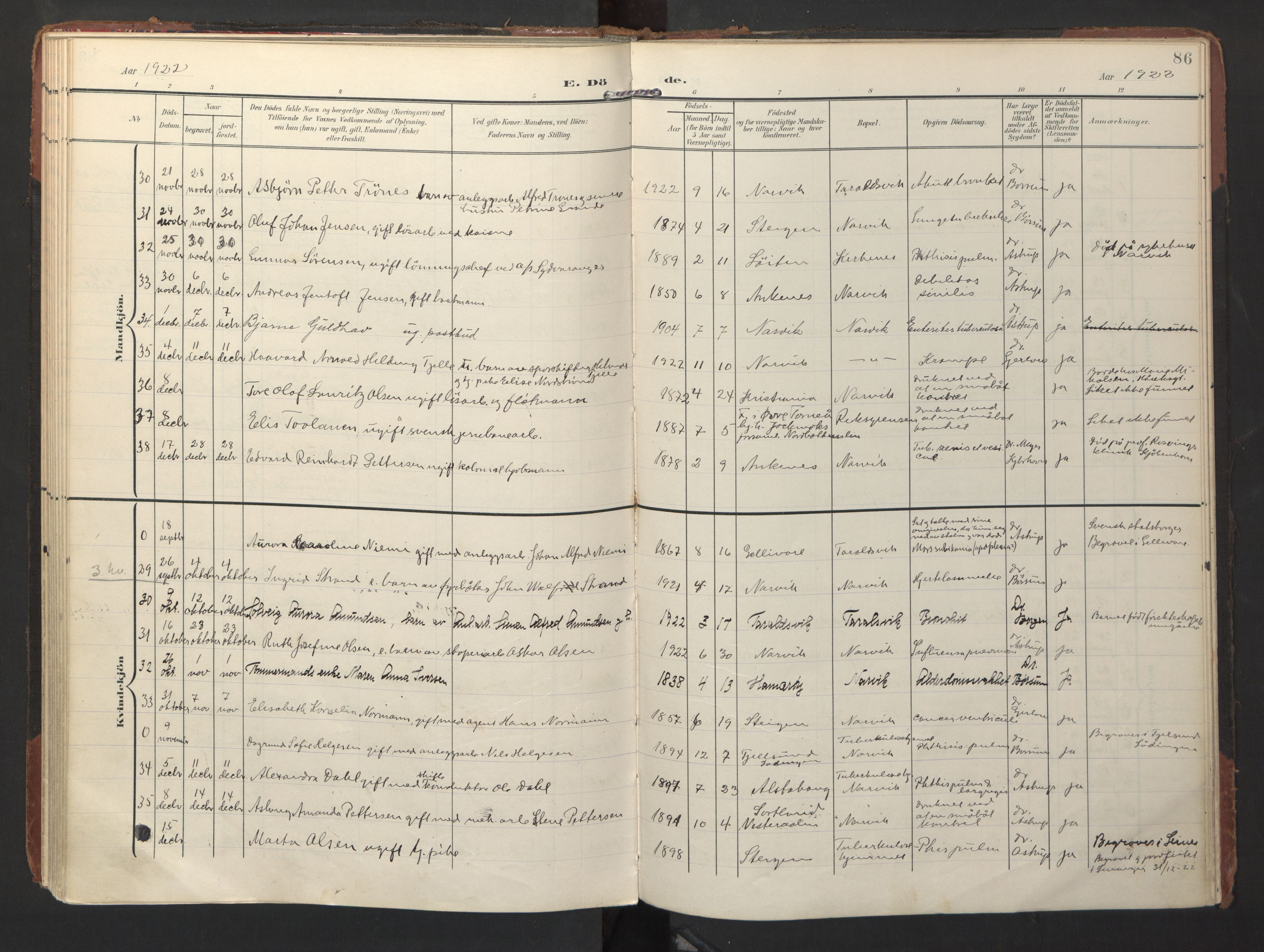 Ministerialprotokoller, klokkerbøker og fødselsregistre - Nordland, AV/SAT-A-1459/871/L1000: Parish register (official) no. 871A16, 1902-1925, p. 86