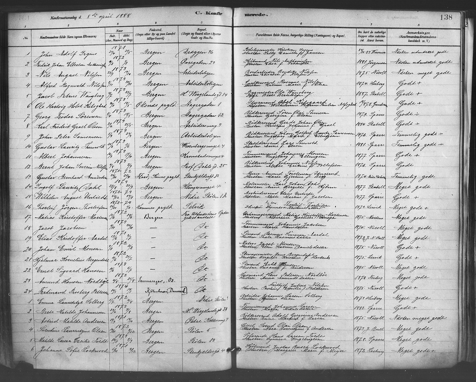 Mariakirken Sokneprestembete, SAB/A-76901/H/Haa/L0007: Parish register (official) no. A 7, 1878-1893, p. 138