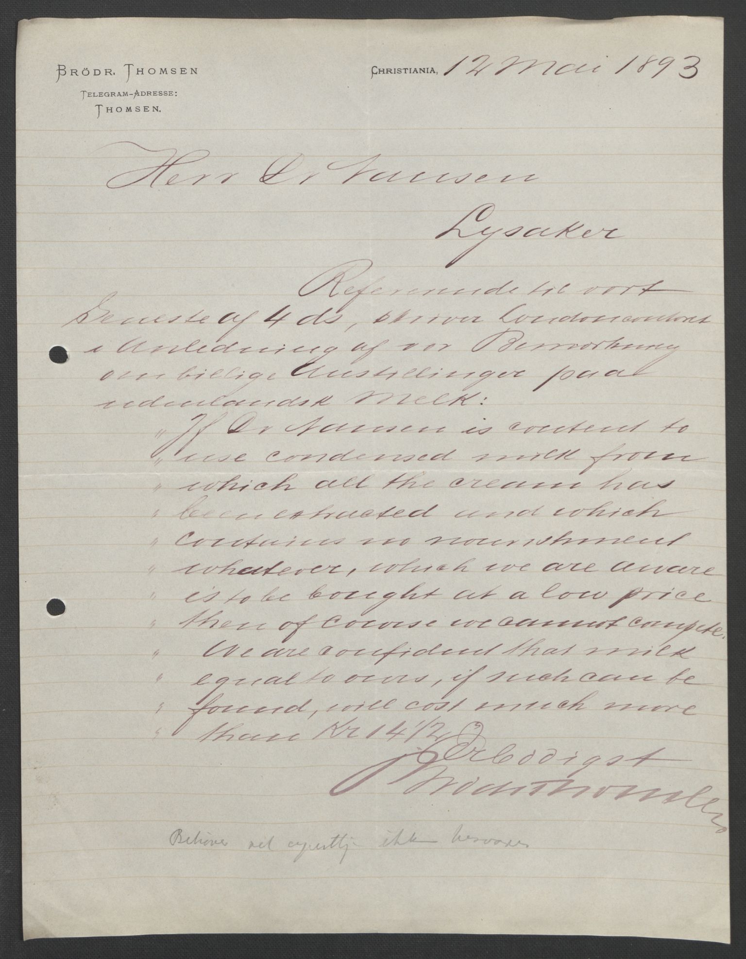 Arbeidskomitéen for Fridtjof Nansens polarekspedisjon, AV/RA-PA-0061/D/L0004: Innk. brev og telegrammer vedr. proviant og utrustning, 1892-1893, p. 811