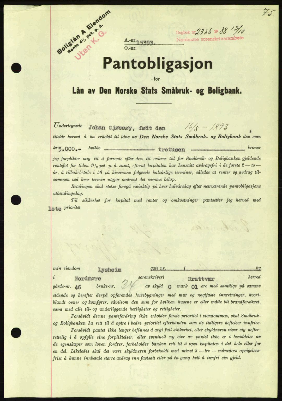 Nordmøre sorenskriveri, SAT/A-4132/1/2/2Ca: Mortgage book no. B84, 1938-1939, Diary no: : 2358/1938