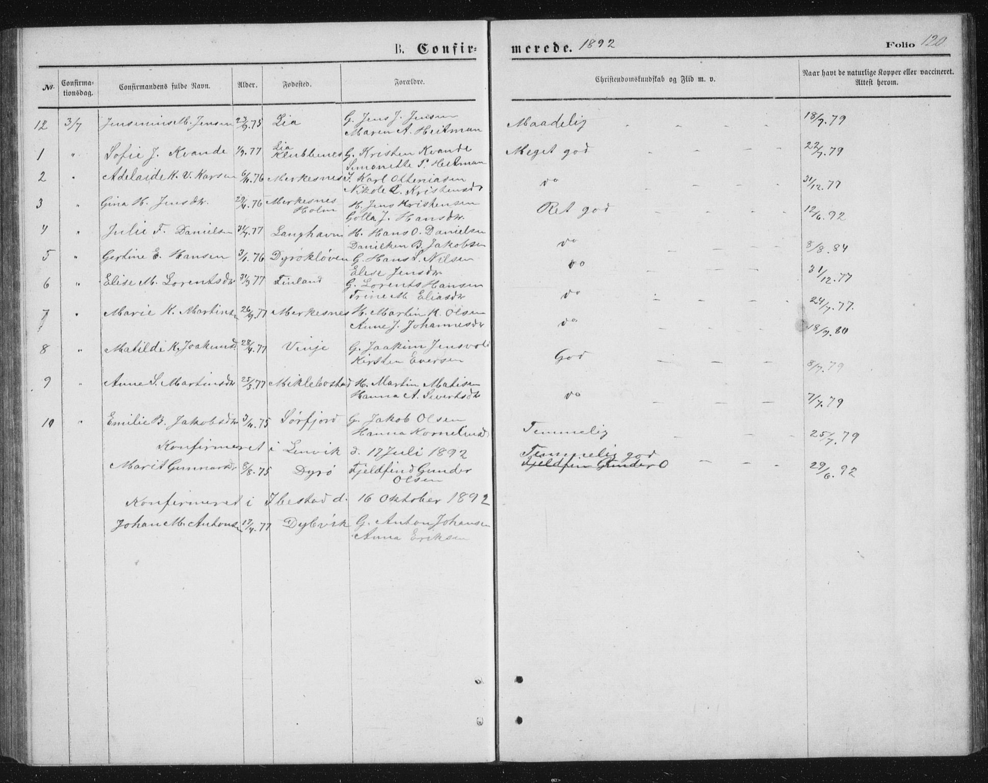 Tranøy sokneprestkontor, AV/SATØ-S-1313/I/Ia/Iab/L0013klokker: Parish register (copy) no. 13, 1874-1896, p. 120