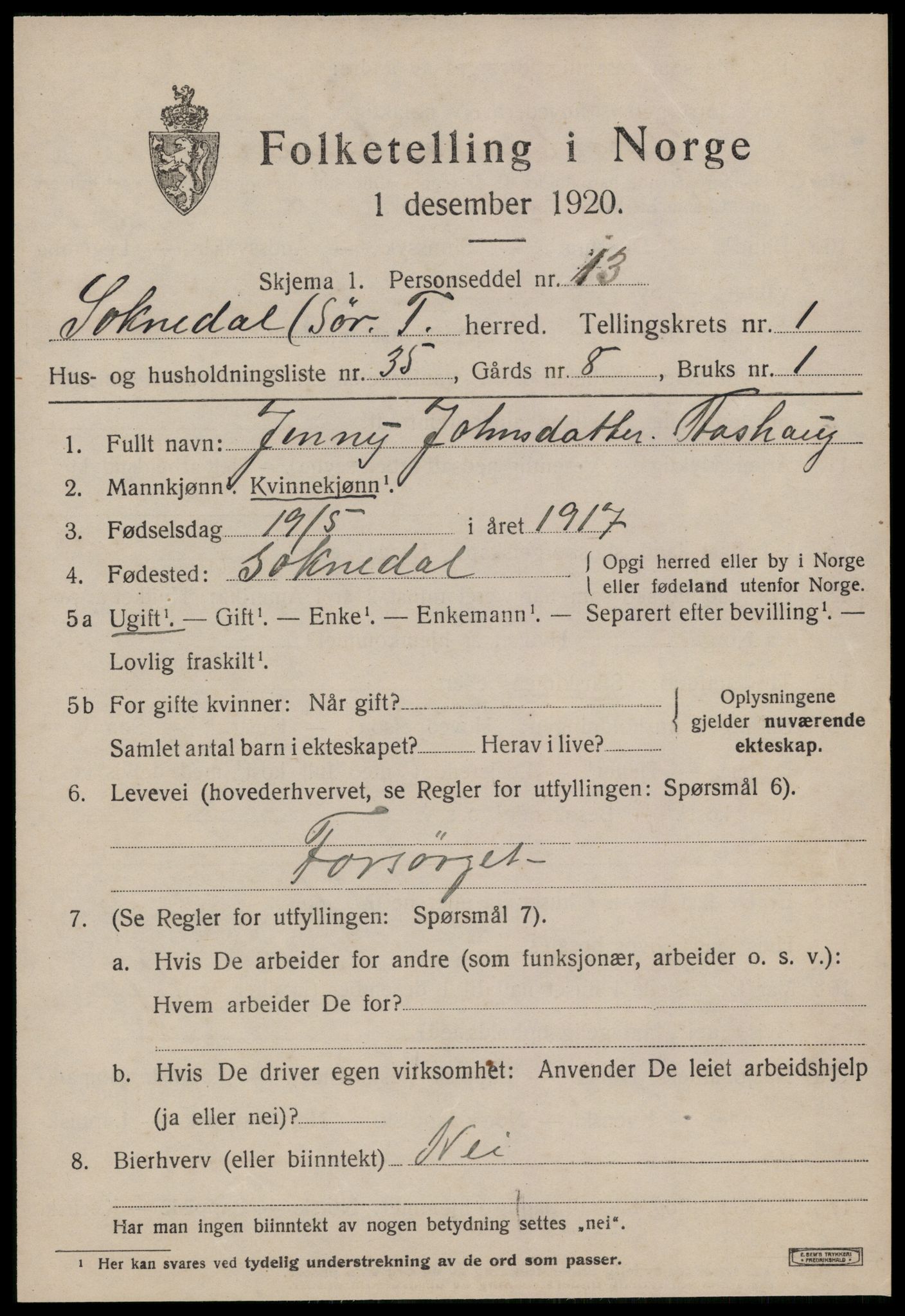 SAT, 1920 census for Soknedal, 1920, p. 1204