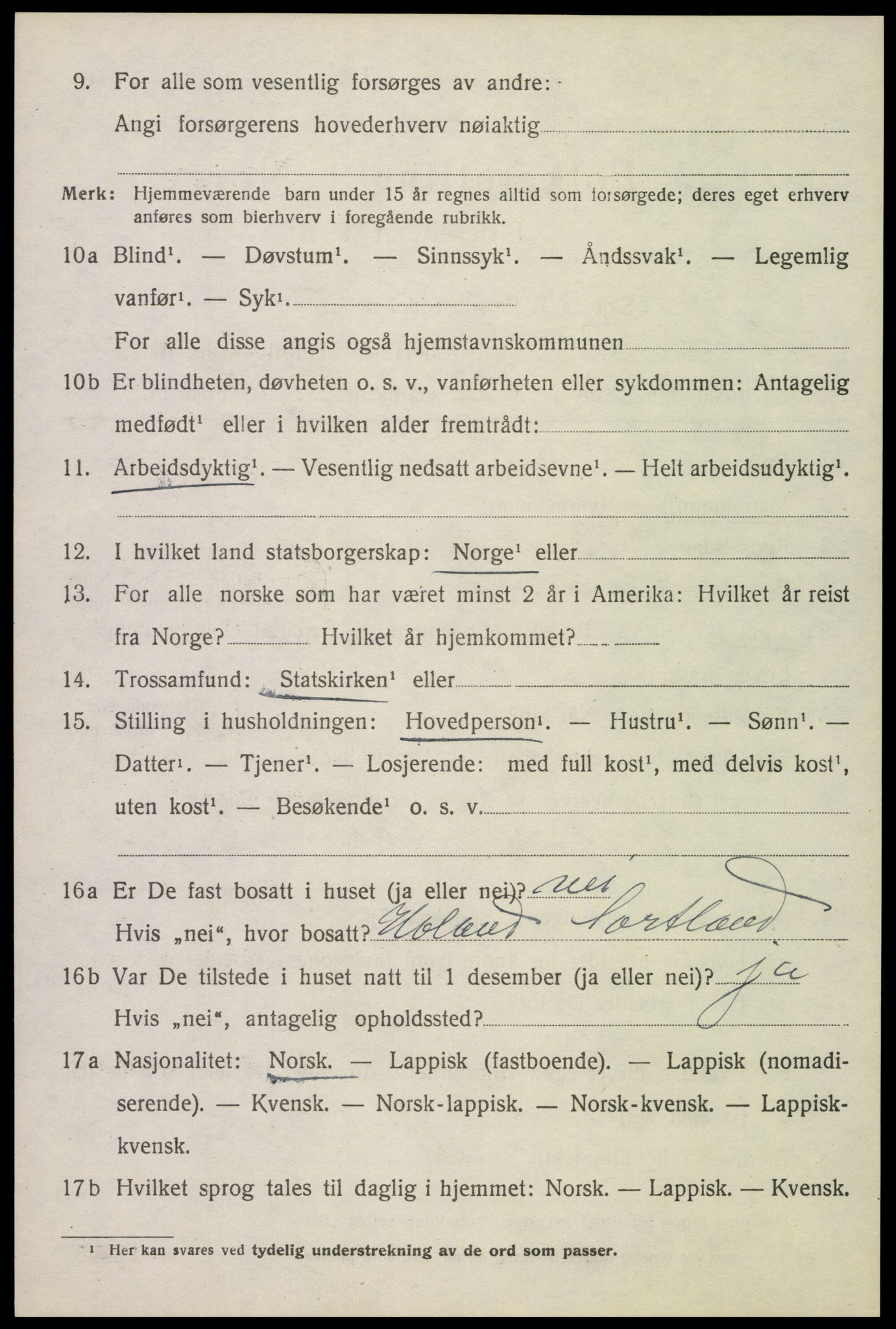 SAT, 1920 census for Sortland, 1920, p. 4215