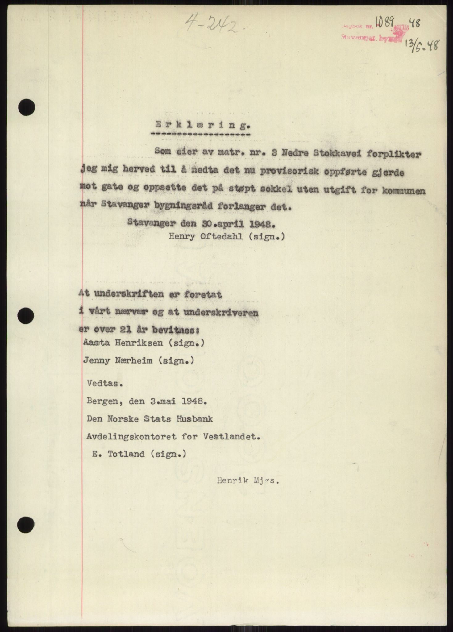 Stavanger byrett, SAST/A-100455/002/G/Gb/L0032: Mortgage book, 1947-1950, Diary no: : 1089/1948