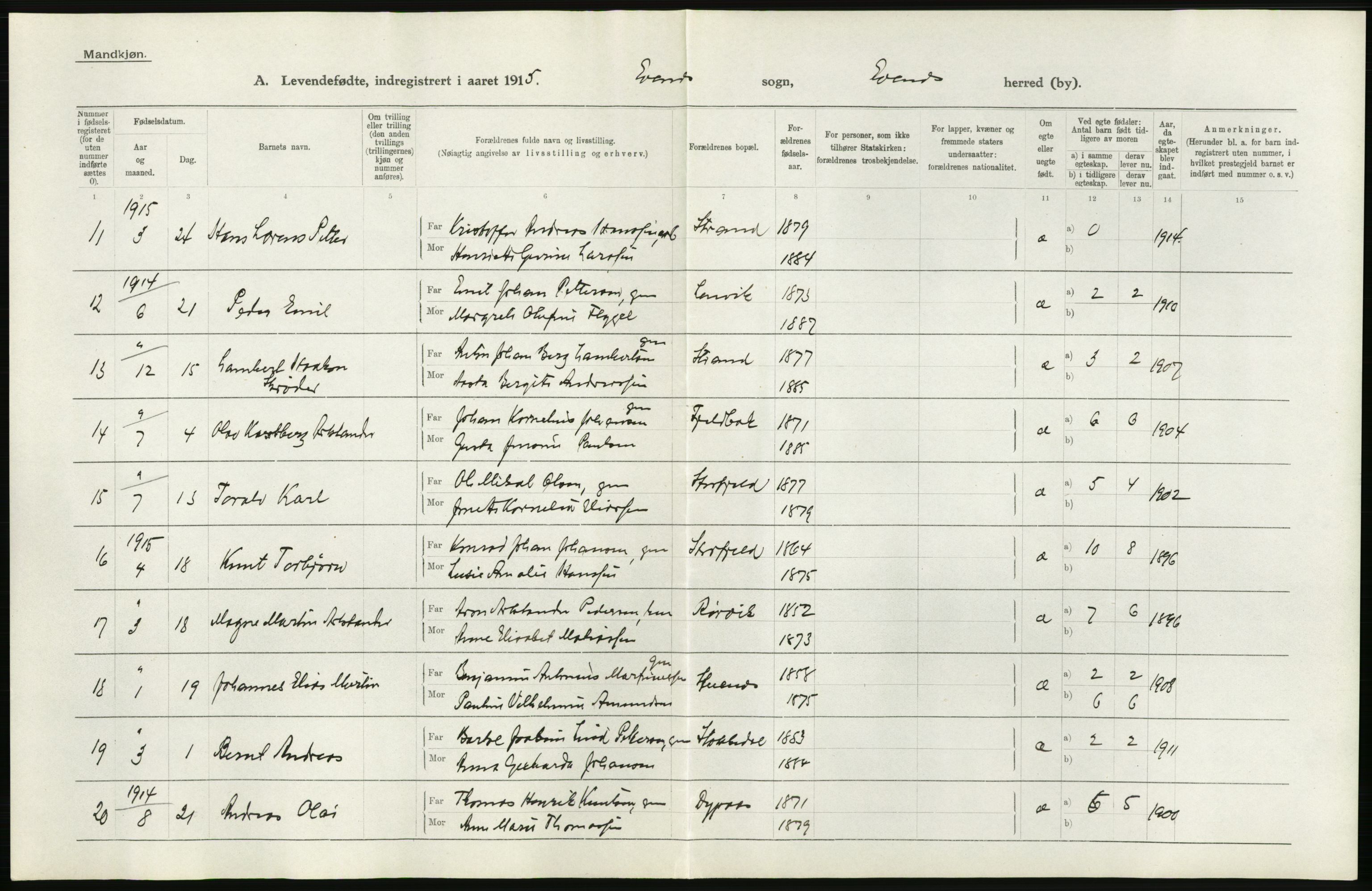 Statistisk sentralbyrå, Sosiodemografiske emner, Befolkning, AV/RA-S-2228/D/Df/Dfb/Dfbe/L0047: Nordlands amt: Levendefødte menn og kvinner. Bygder., 1915, p. 12