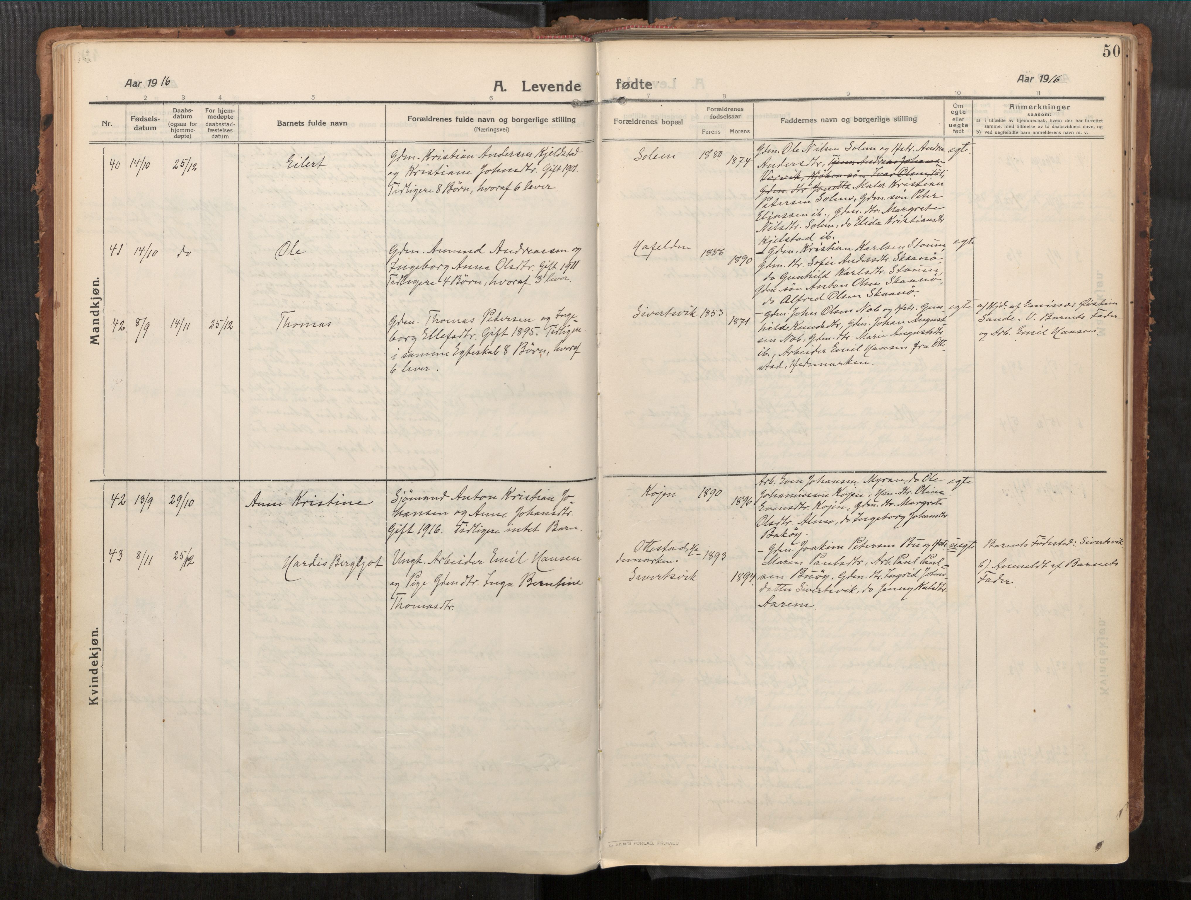 Stadsbygd sokneprestkontor, AV/SAT-A-1117/1/I/I1/I1a/L0001: Parish register (official) no. 1, 1911-1929, p. 50