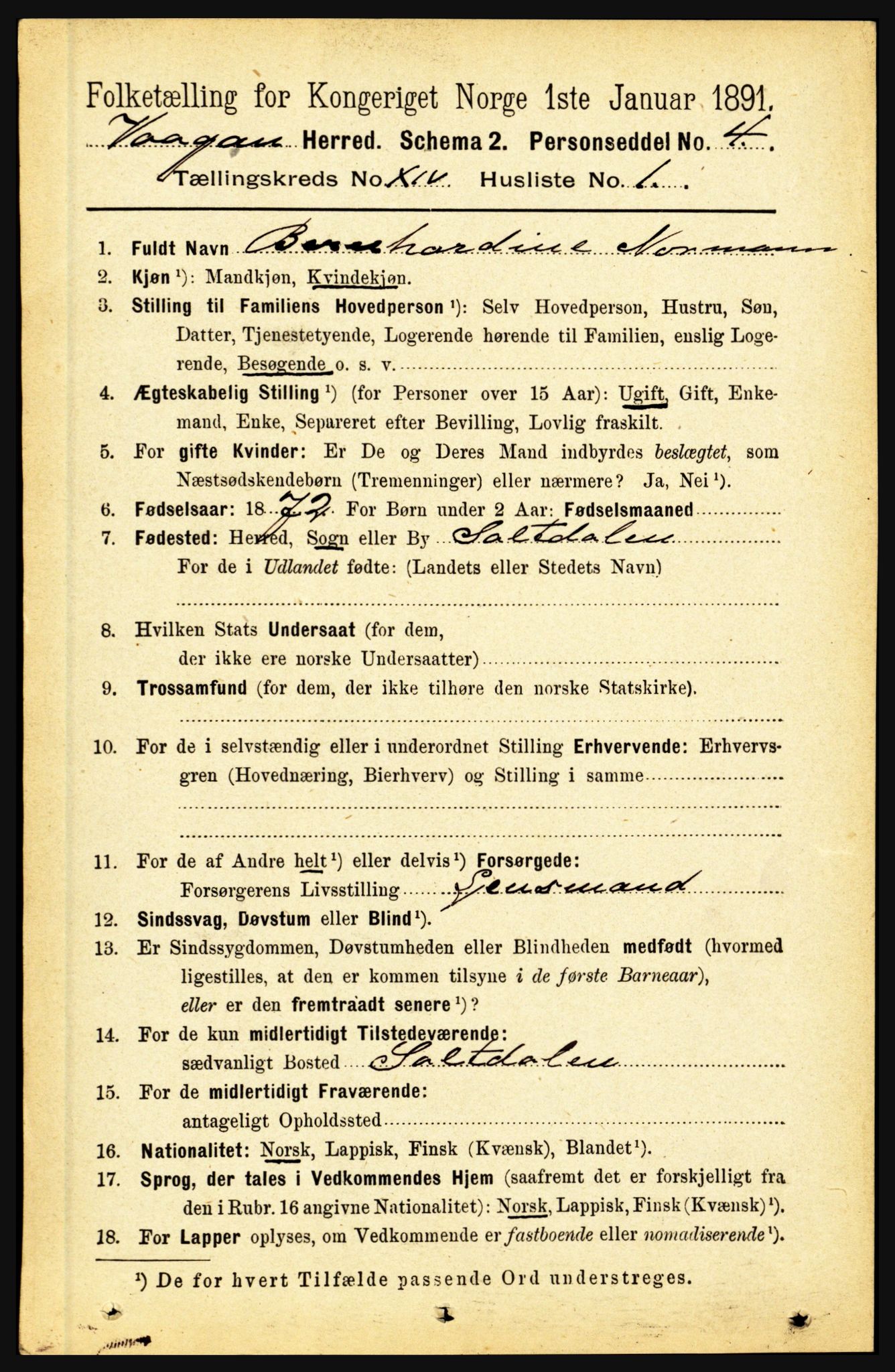 RA, 1891 census for 1865 Vågan, 1891, p. 3658