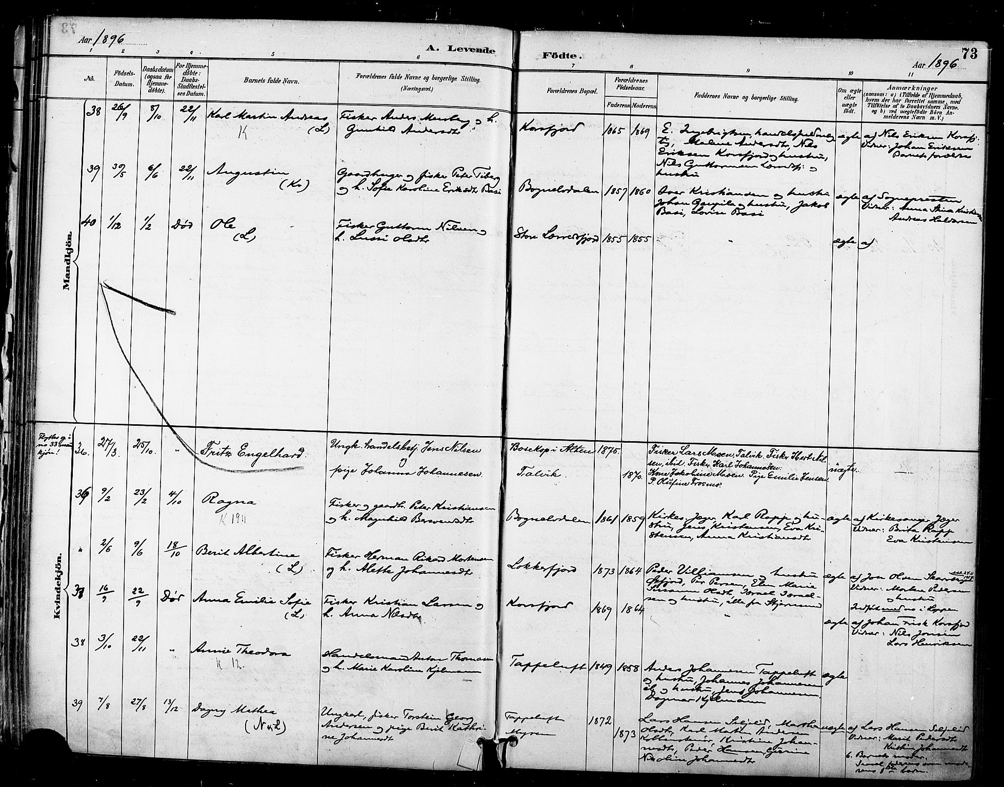 Talvik sokneprestkontor, AV/SATØ-S-1337/H/Ha/L0013kirke: Parish register (official) no. 13, 1886-1897, p. 73