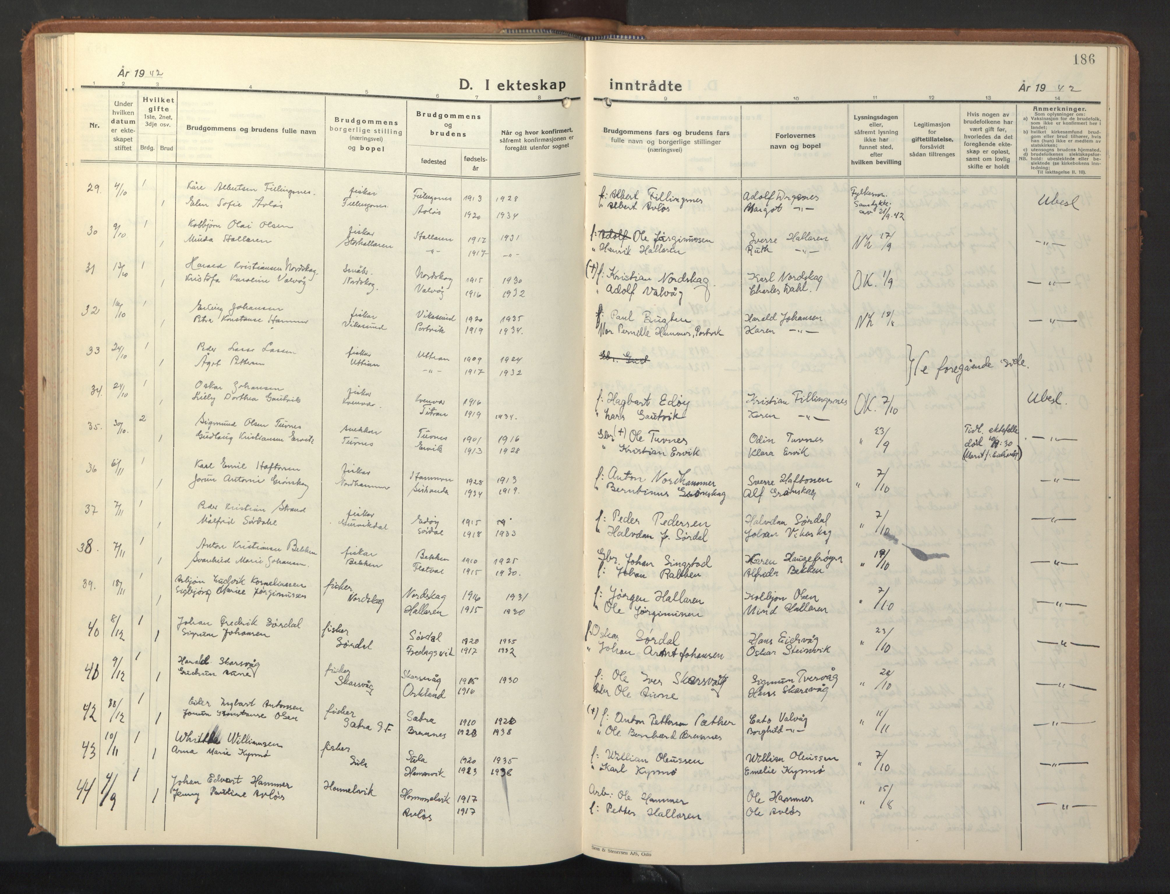 Ministerialprotokoller, klokkerbøker og fødselsregistre - Sør-Trøndelag, SAT/A-1456/640/L0590: Parish register (copy) no. 640C07, 1935-1948, p. 186
