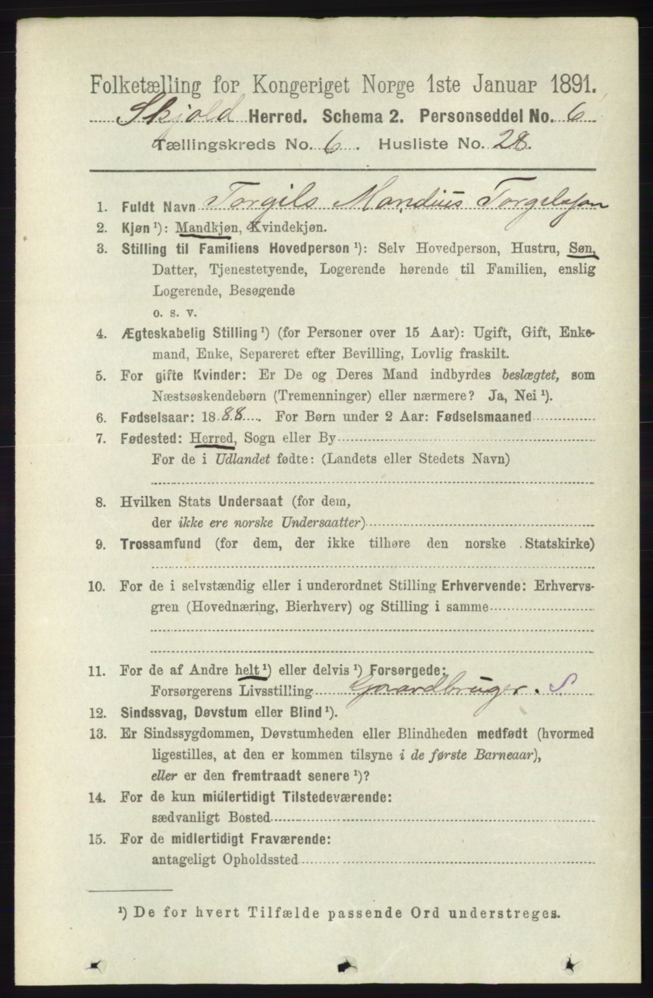 RA, 1891 census for 1154 Skjold, 1891, p. 1158