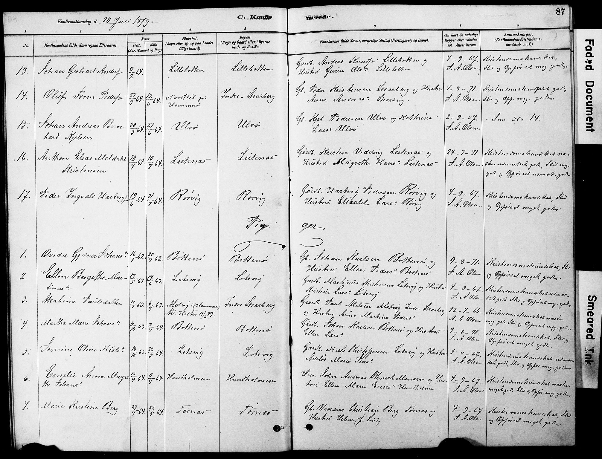 Ministerialprotokoller, klokkerbøker og fødselsregistre - Nordland, AV/SAT-A-1459/861/L0875: Parish register (copy) no. 861C01, 1879-1887, p. 87