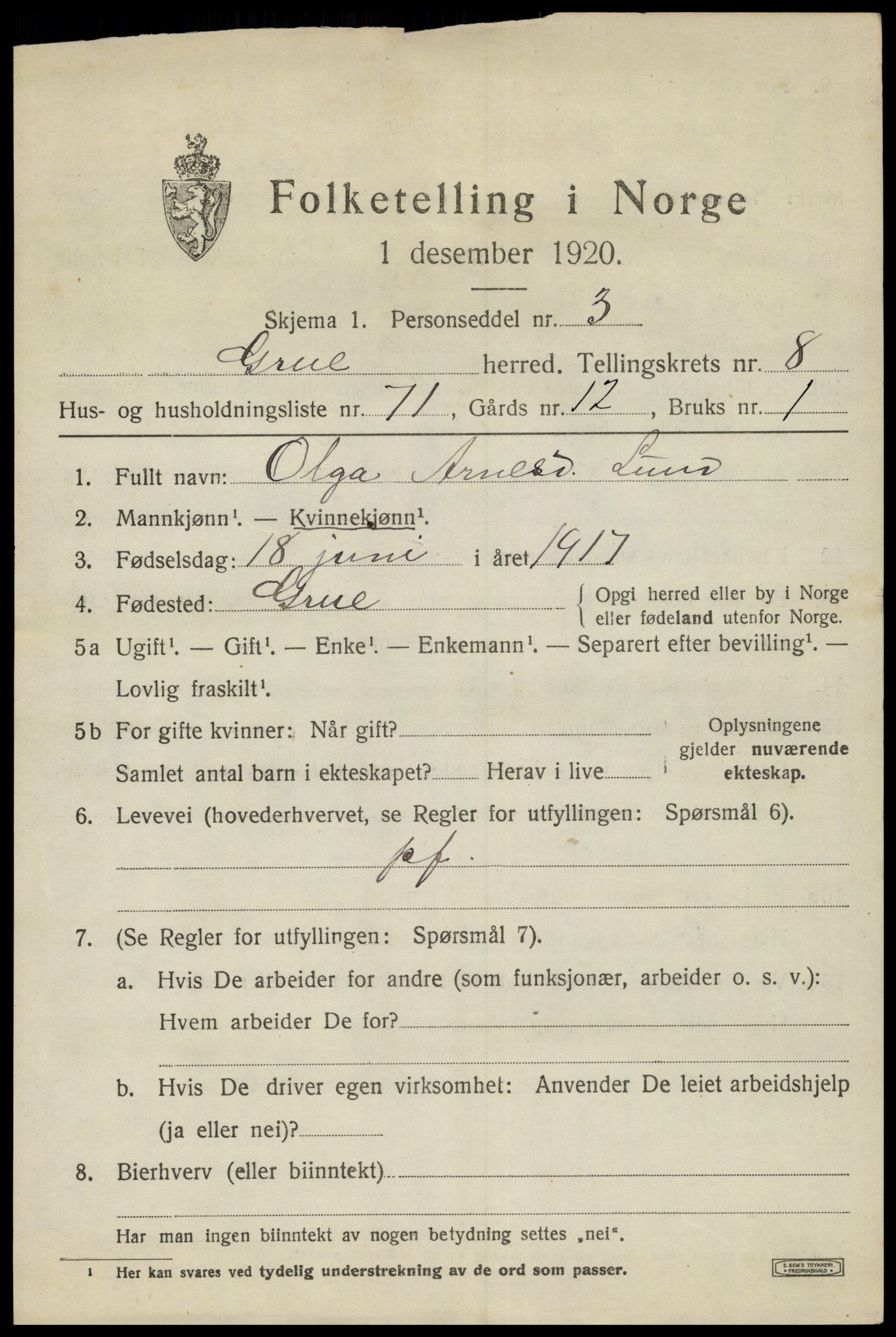 SAH, 1920 census for Grue, 1920, p. 7727