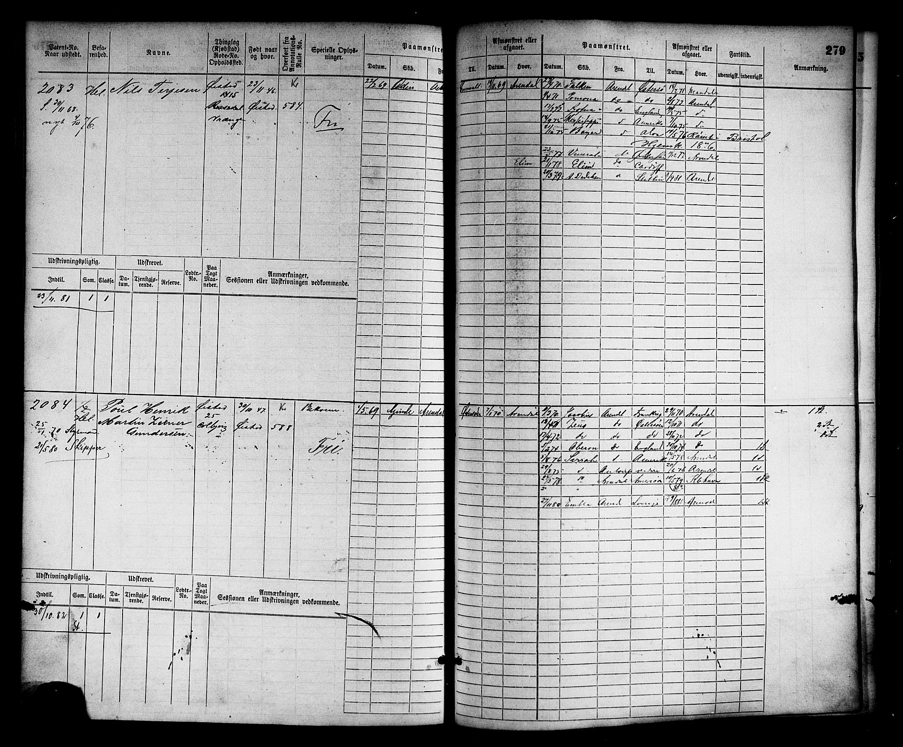 Arendal mønstringskrets, AV/SAK-2031-0012/F/Fb/L0012: Hovedrulle nr 1529-2290, S-10, 1868-1885, p. 289