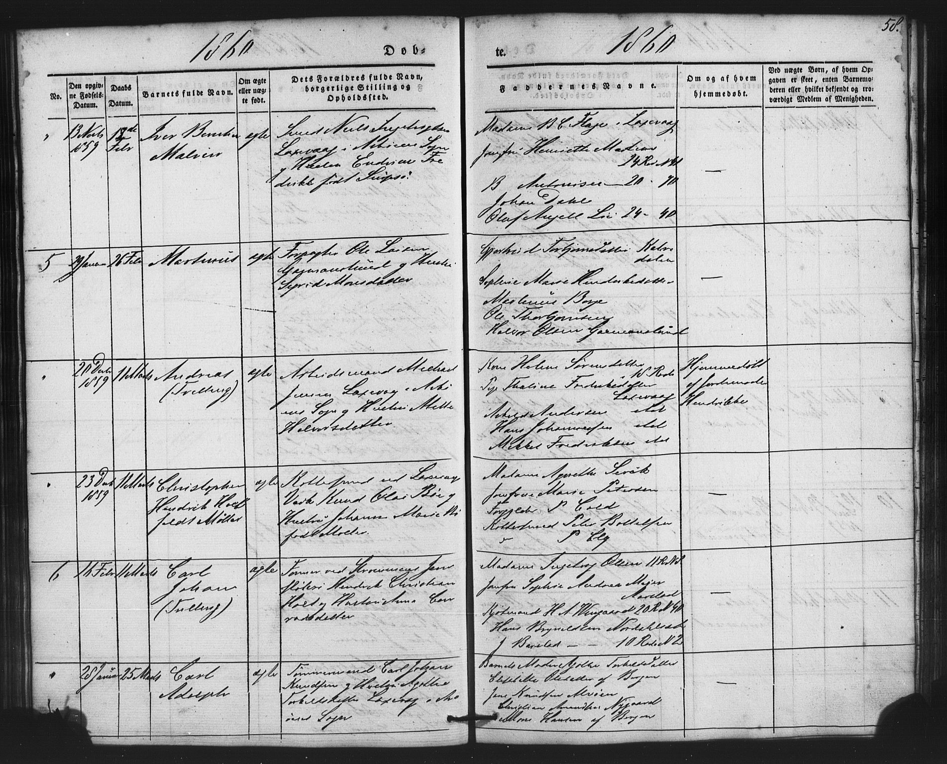 St. Jørgens hospital og Årstad sokneprestembete, AV/SAB-A-99934: Parish register (copy) no. A 2, 1843-1863, p. 58